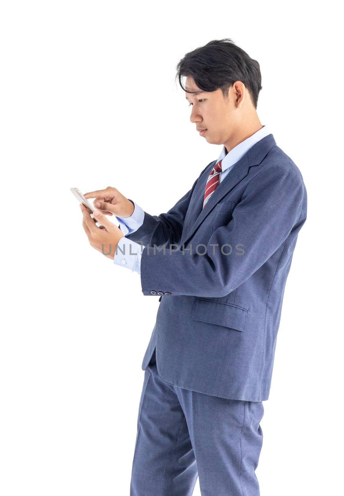 Young asian business men portrait holding phone in suit over white background