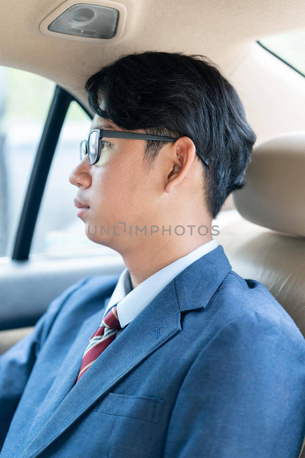 Businessman working in the backseat of a car  by stoonn