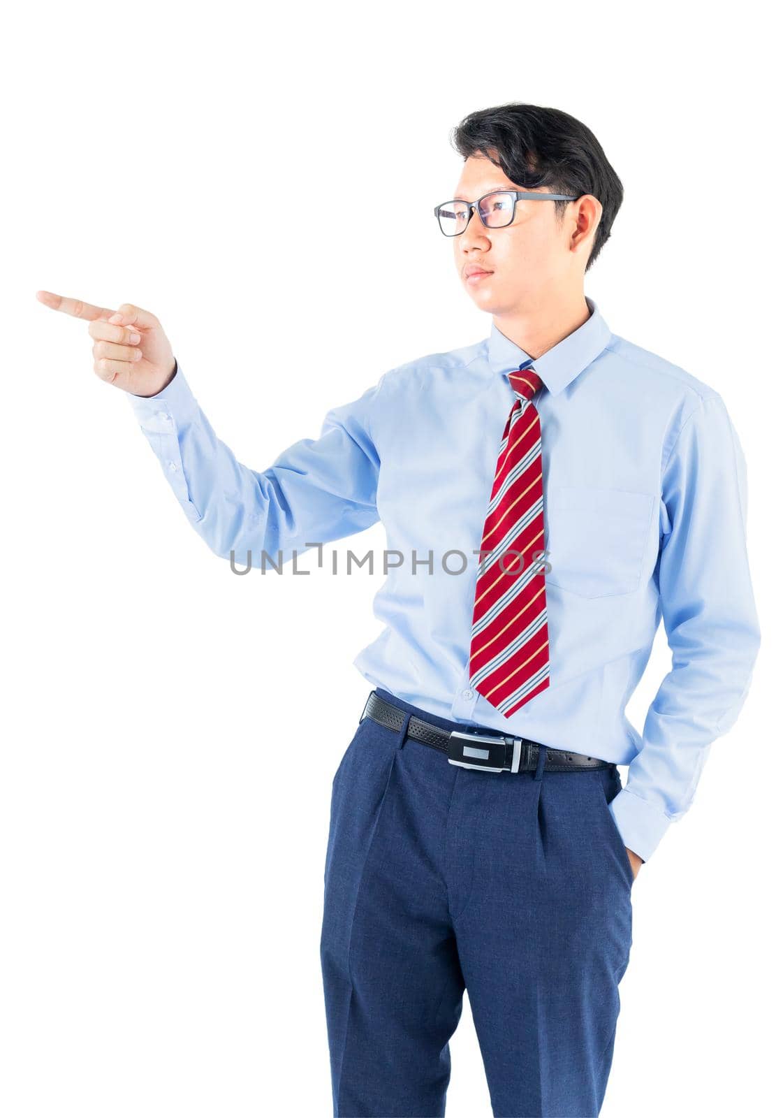 Male wearing blue shirt and red tie reaching posing in studio isolated on white background with clipping path
