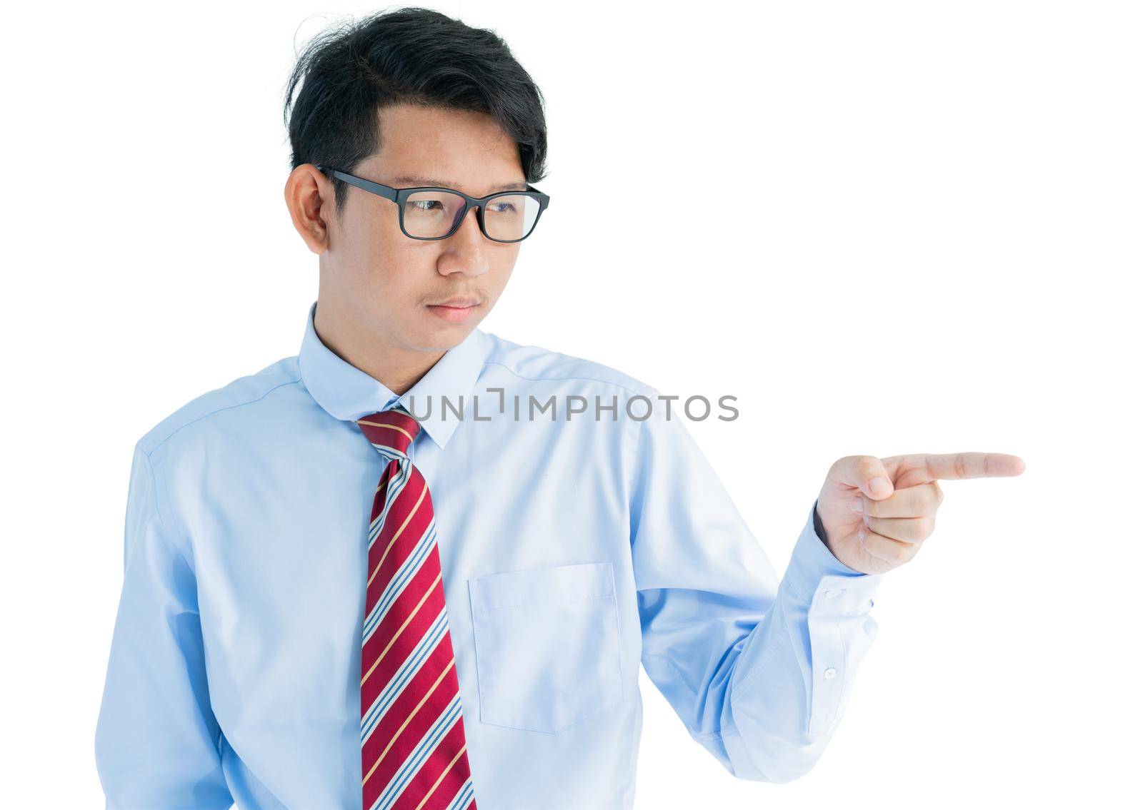 Male wearing blue shirt and red tie reaching hand out isolated on white background