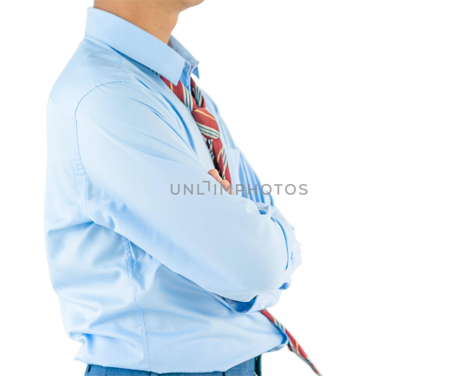 Man in long sleeve shirt wear keeping arms crossed while standing isolate on white background with clipping path