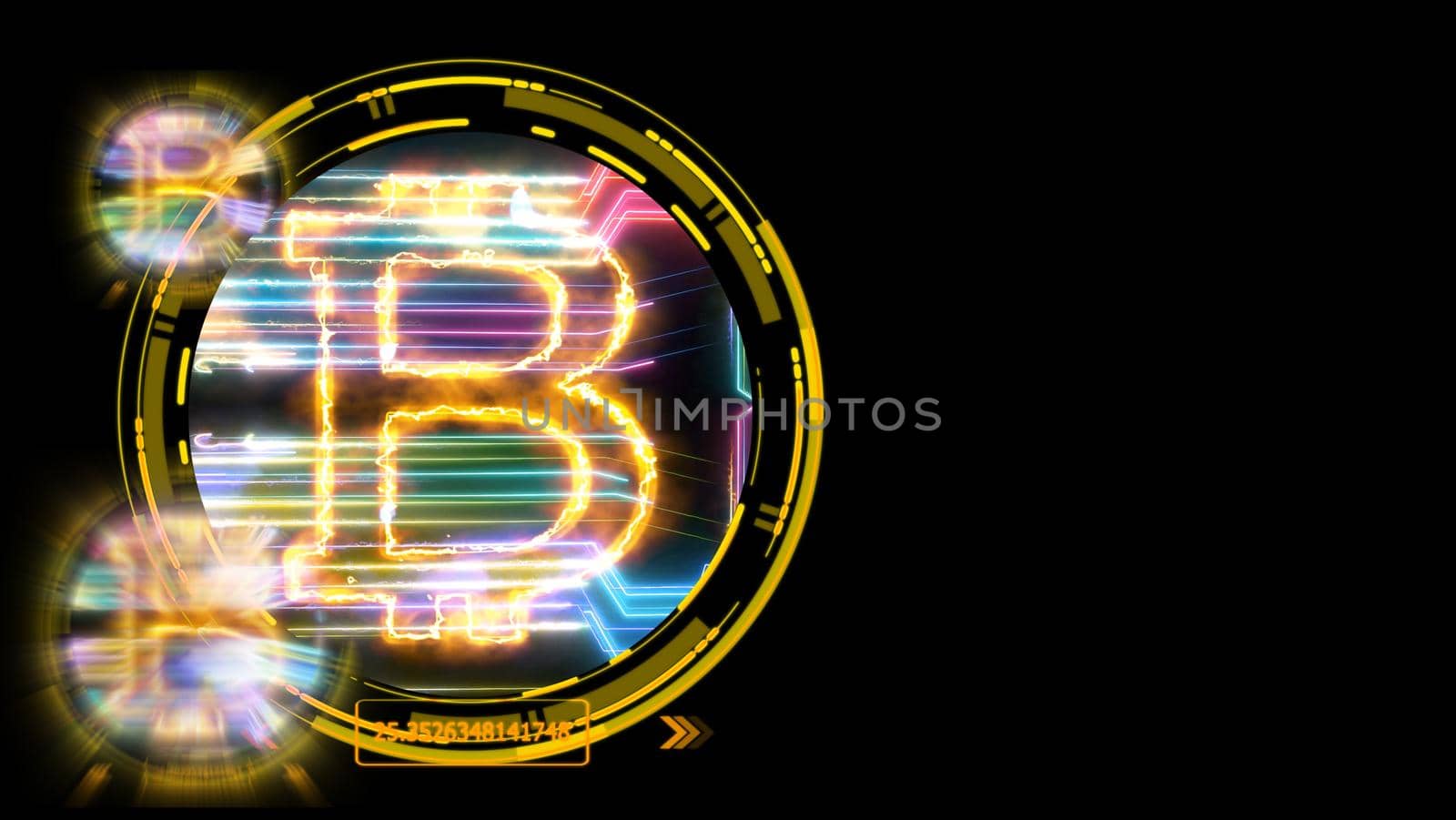 bitcoin cryptocurrency and futuristic colorful digital laser transfer on black isolated background