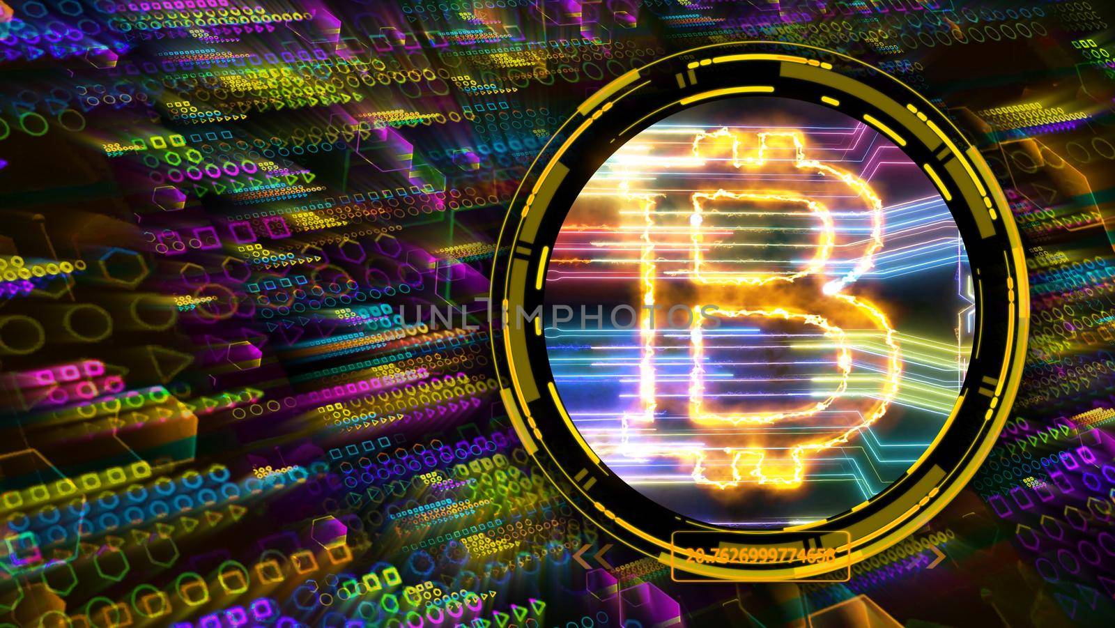 bitcoin algorithm quantum computer futuristic technology colorful digital layer dimension holographic process and analysis for big data and abstract orange zone polygon background