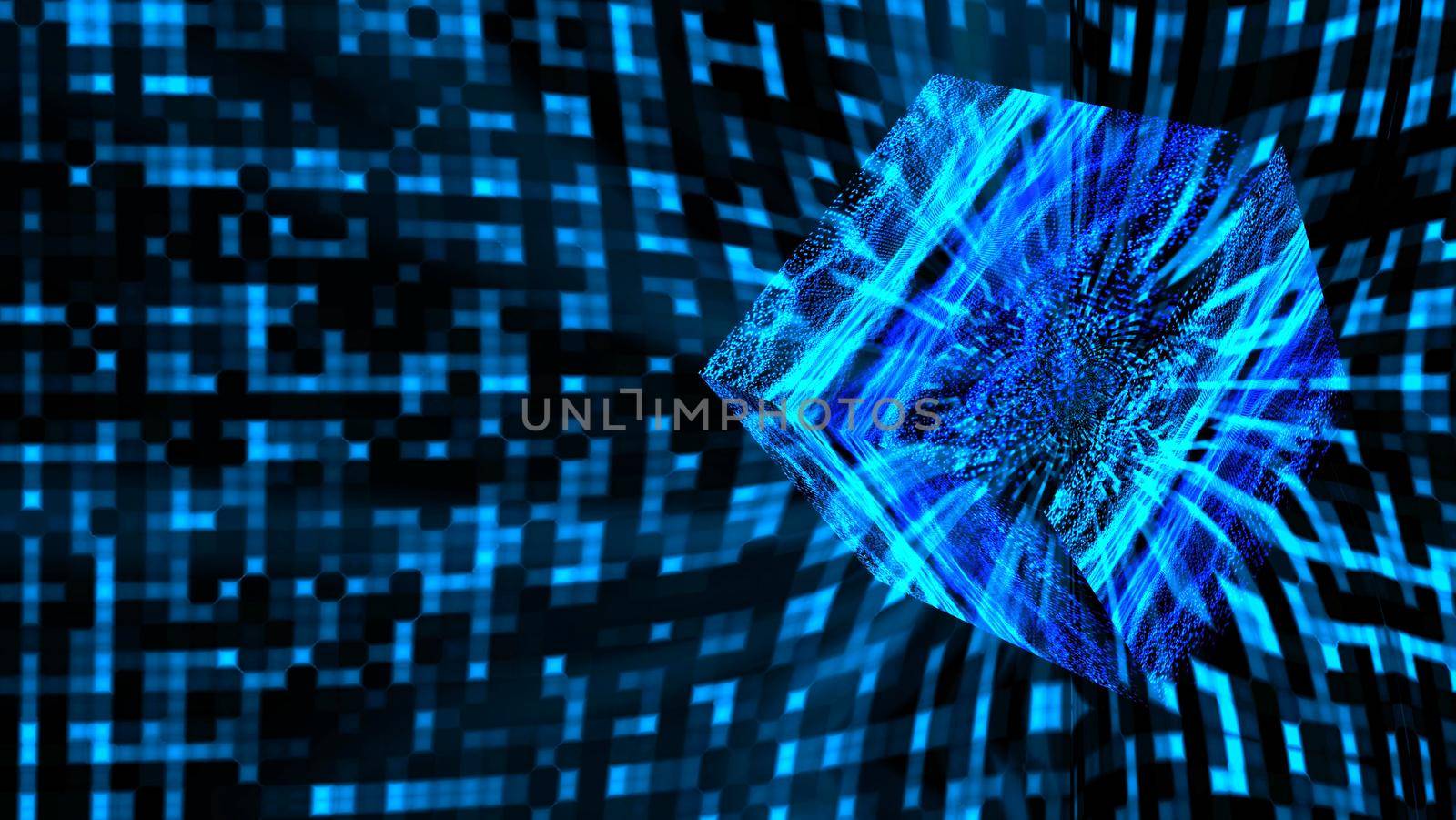 Cube reflection abstract dark cave waveform visualization wave technology digital surface background, animation abstract blue tone square light particles pattern oscillation