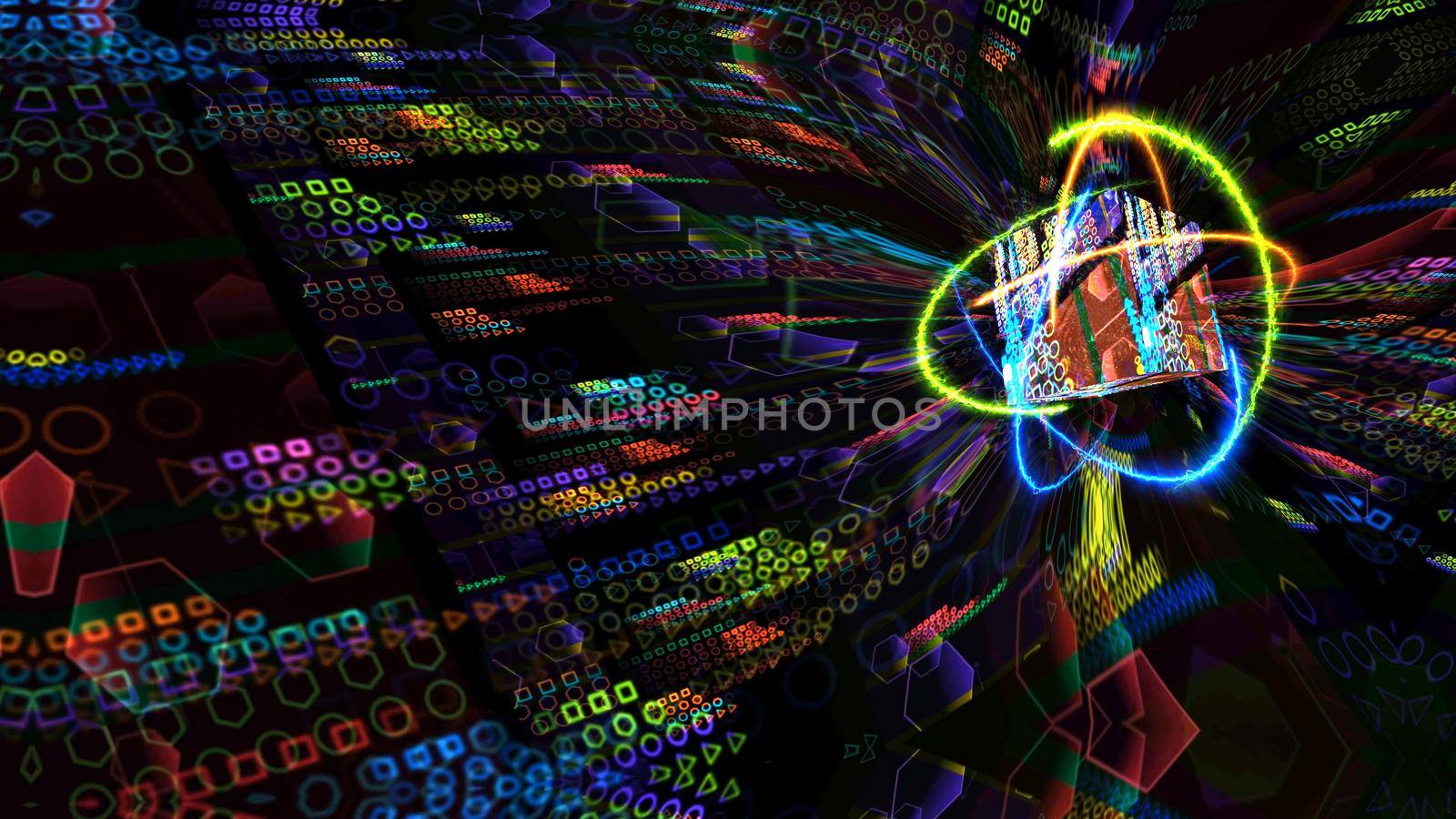 quantum light blue core and futuristic computer animation abstract background with infinity of orange fire green nature and blue thunder energy atom moving