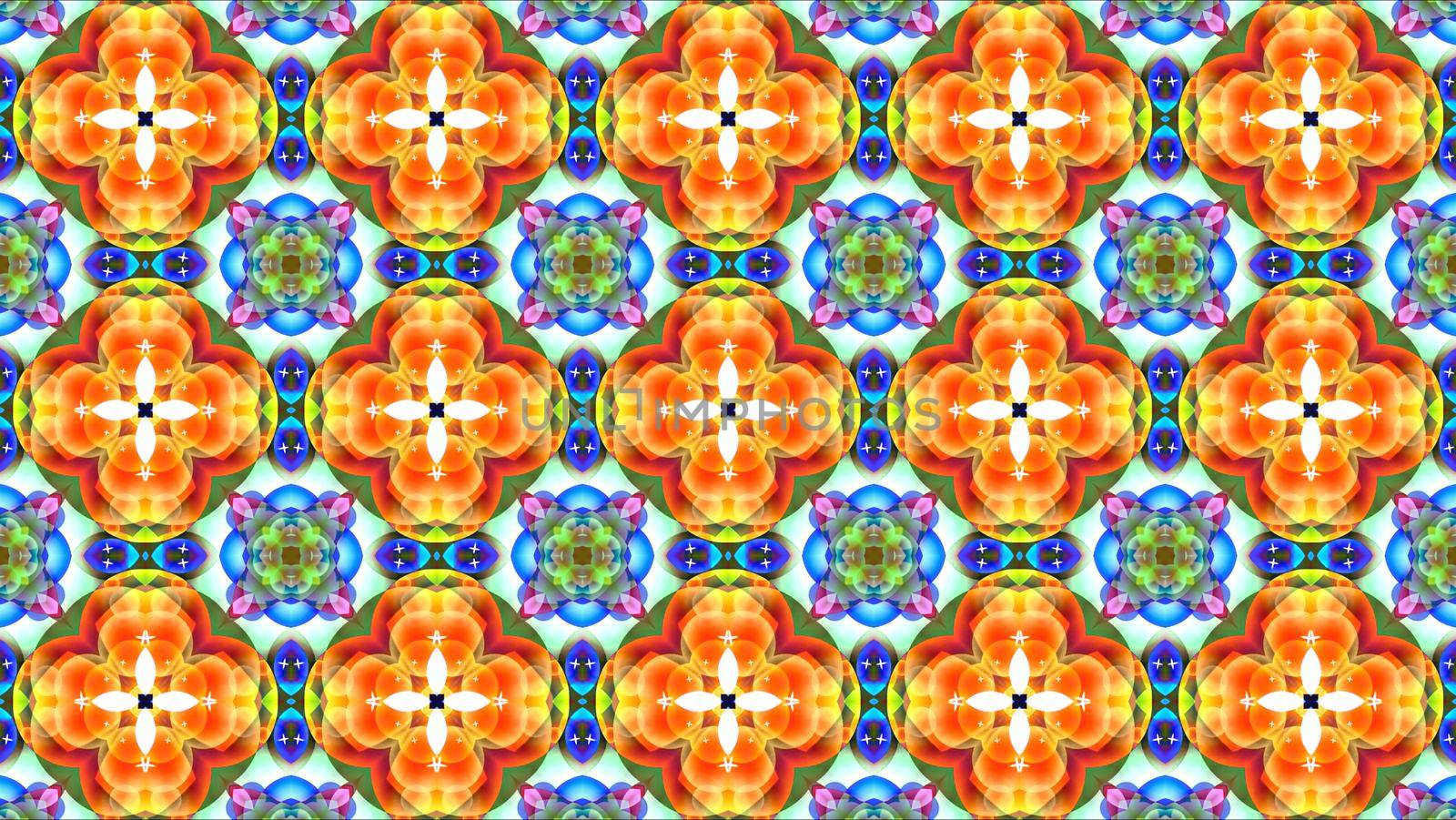 triple red yellow giant flower cross blue pollen with white stars and green flower kaleidoscope reflection texture pattern background