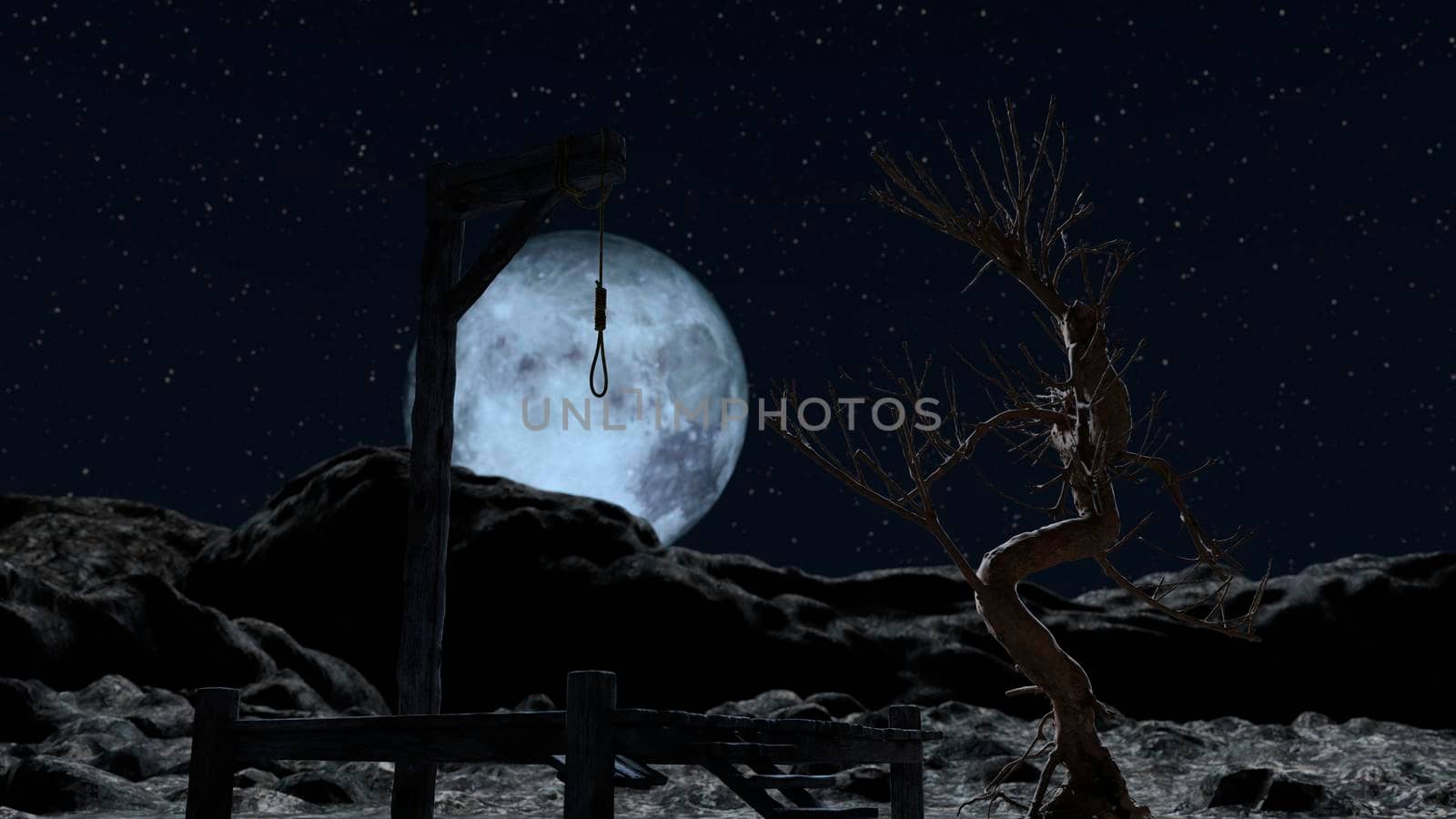Gallow at a spooky night with blue full moon by ankarb