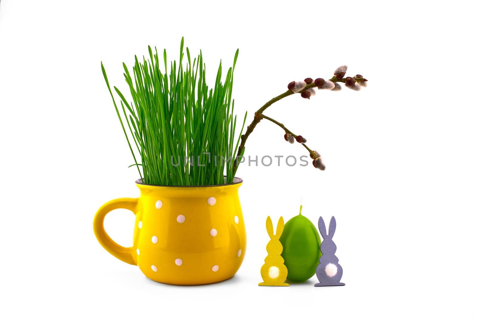 Wheat seedlings growing from yellow cup with pussy willow branch, green egg shaped candle and Easter Rabbit figure isolated on white background