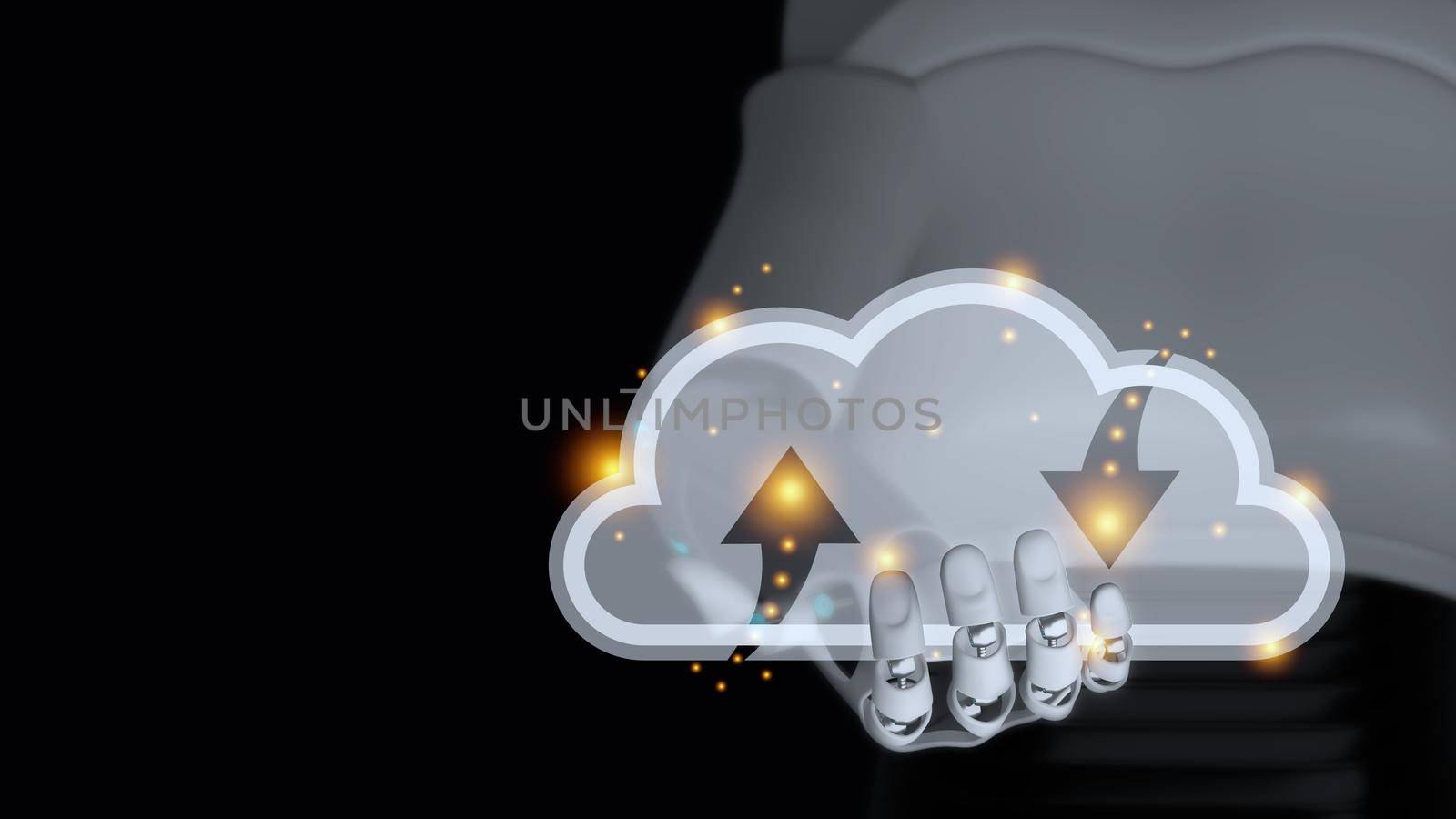 Hand of cyborg is holding transparent glass cloud with orange light have blur body of android robot on black background and copy space 3d render. Cloud computing upload and download data automatic ai concept.