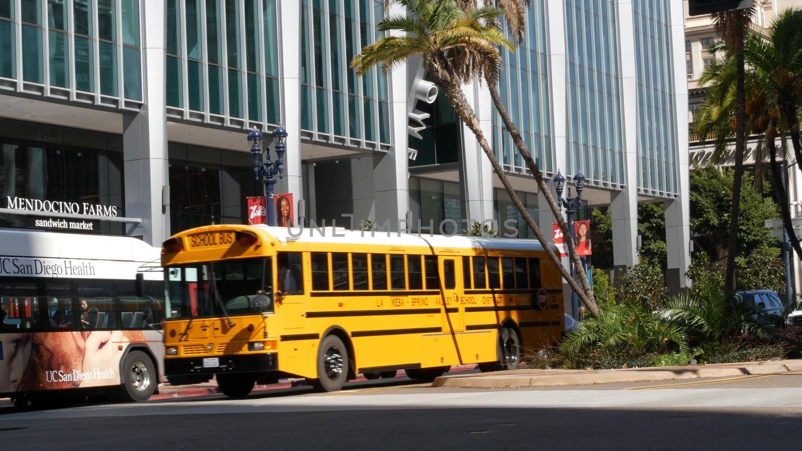 San Diego, California USA - 13 Feb 2020: American yellow school bus on street in downtown. Schoolbus shuttle on road, city near Los Angeles. Education transportation infrastructure. Broadway.