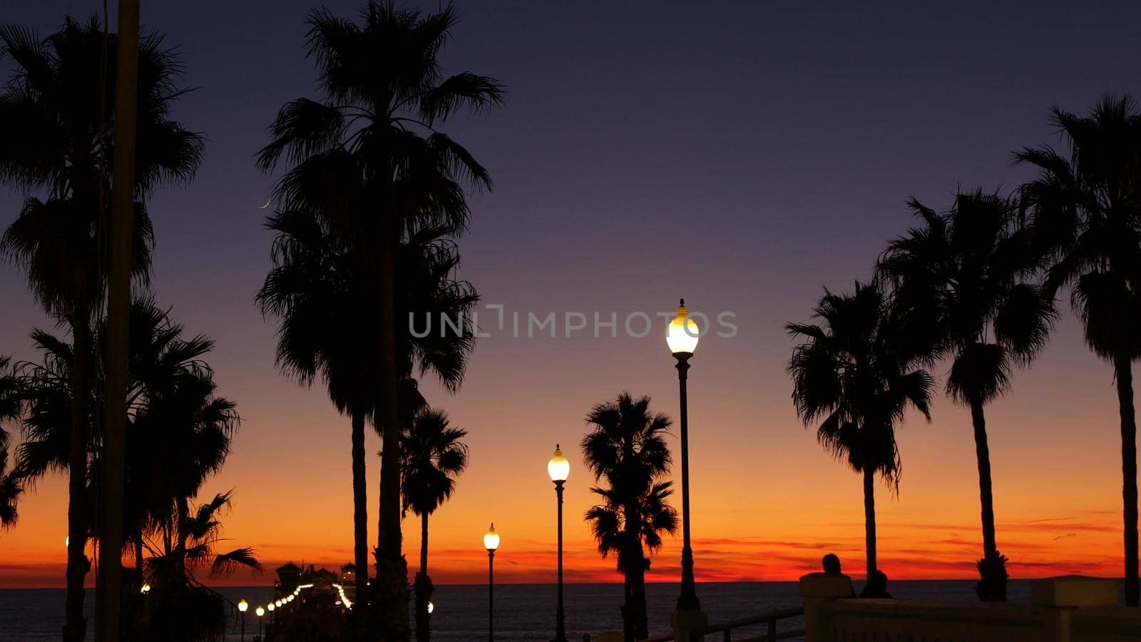 Palms silhouette twilight sky. People walking. Oceanside pier, California USA. Tropical beach sunset by DogoraSun