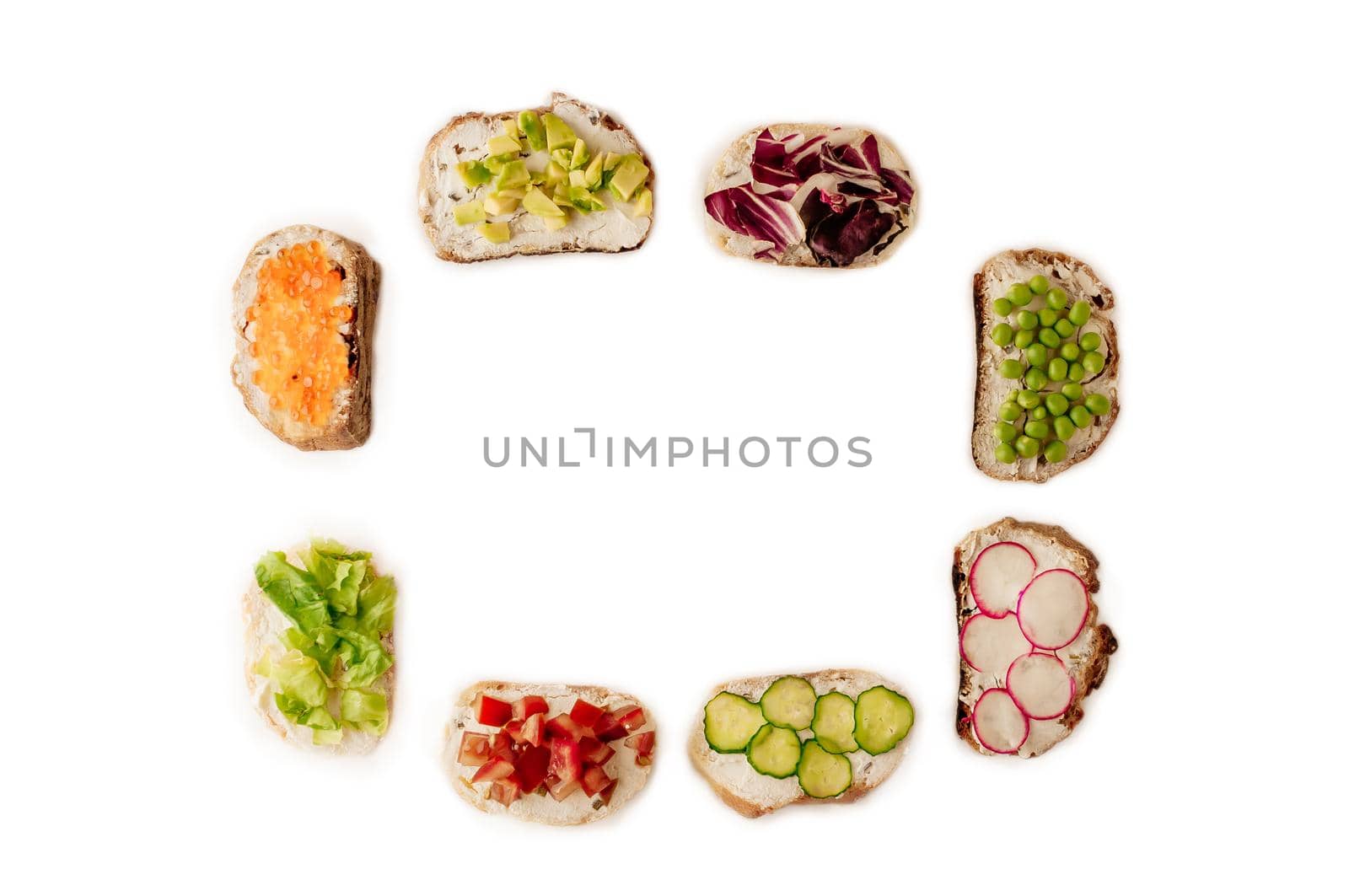 Mini sandwich set with french baguette, cheese, fish and avocado on white background top view mock up.Copy space for your text by Alla_Morozova93