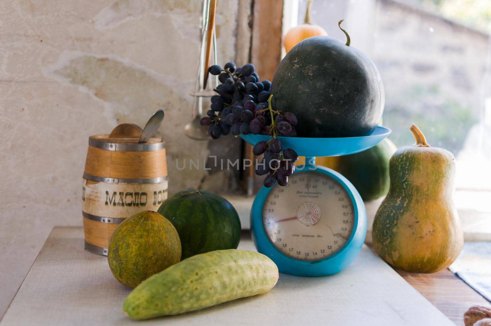 Autumn still life with pumpkins,zucchini,melons,watermelon and grapes on scale to scale and on a wooden white table.Autumn harvest concept. Happy Thanksgiving. Selective focus. Horizontal orientation.