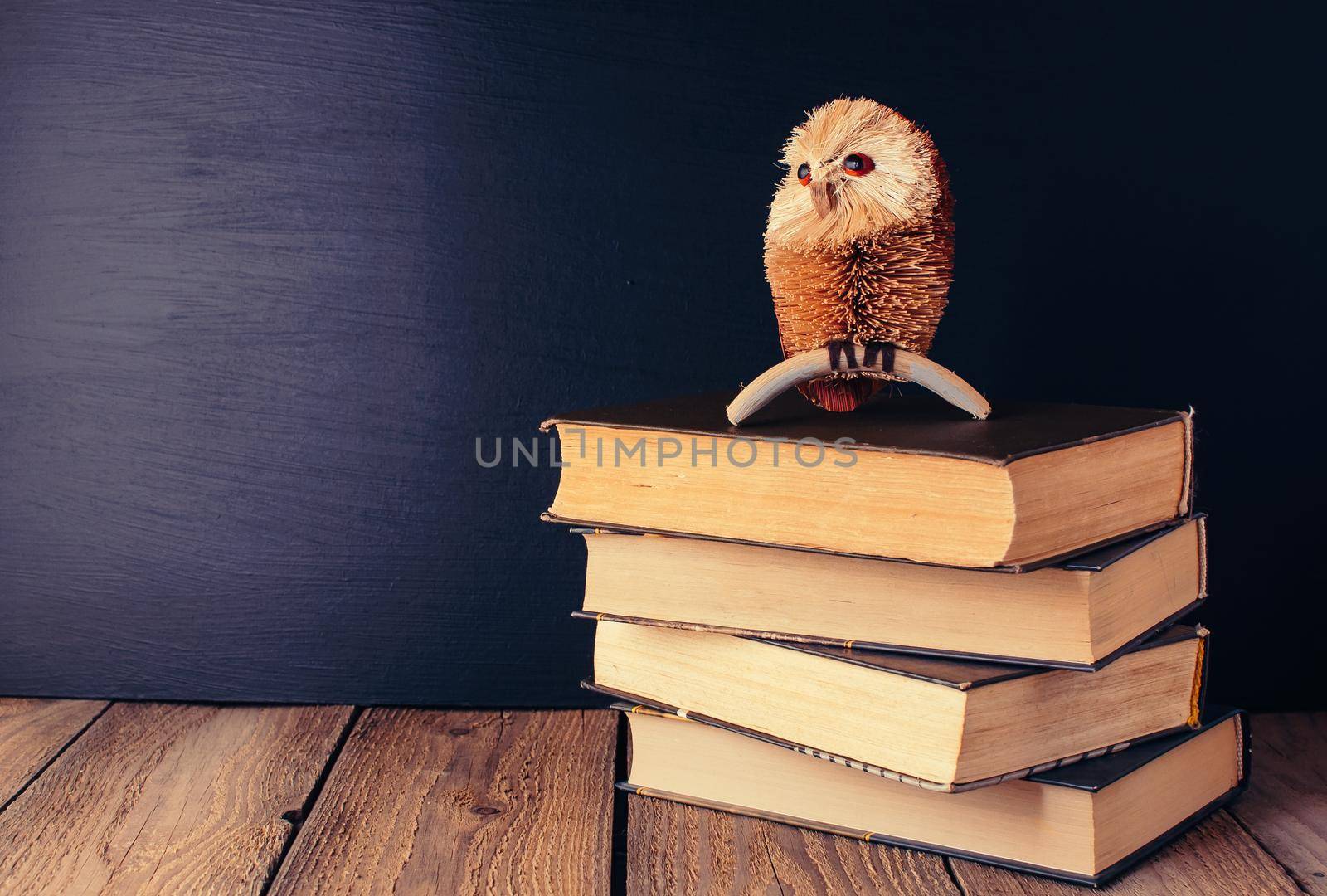 books stacked on a wooden table in a rustic style on the background a school blackboard. Owl on books as a source of wisdom and knowledge. Concept welcome back to school. copy space by Alla_Morozova93