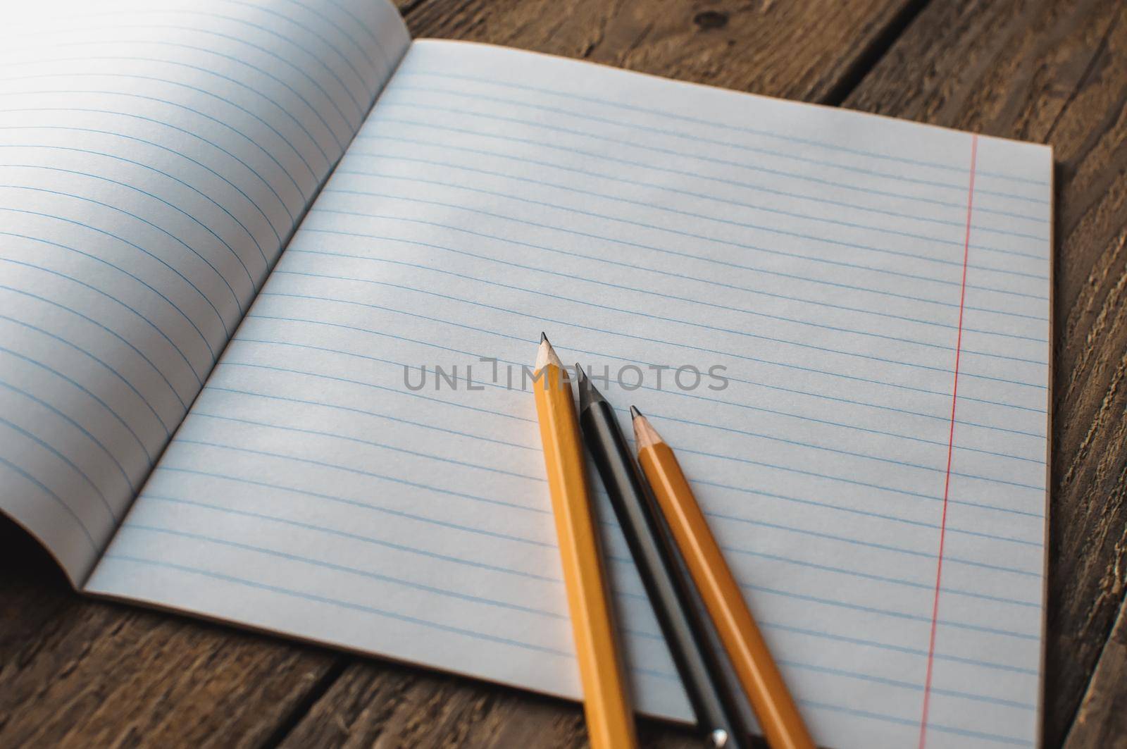 Back to school, the concept of raising children. Day of knowledge. Notebook in line on a wooden table with space for text. Save space. Rustic and vintage toning.