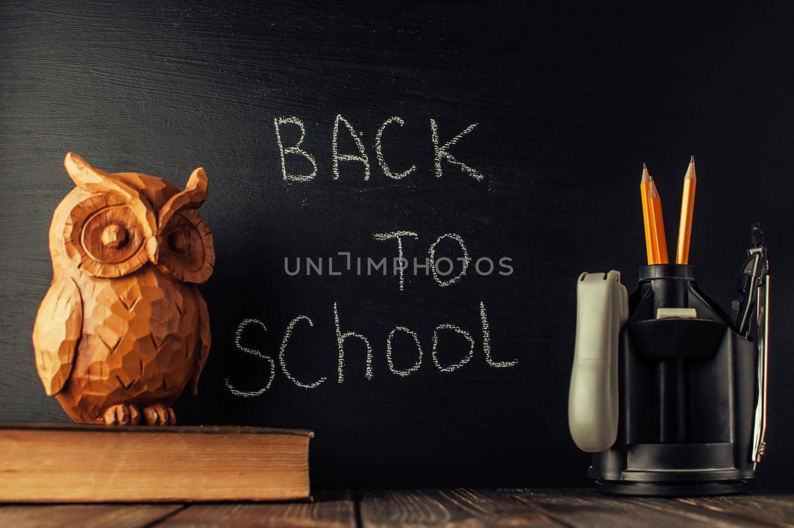 Back to school, the concept of parenting. The inscription on the blackboard with white chalk, next is the owl on the book. Place for text. Copy space.
