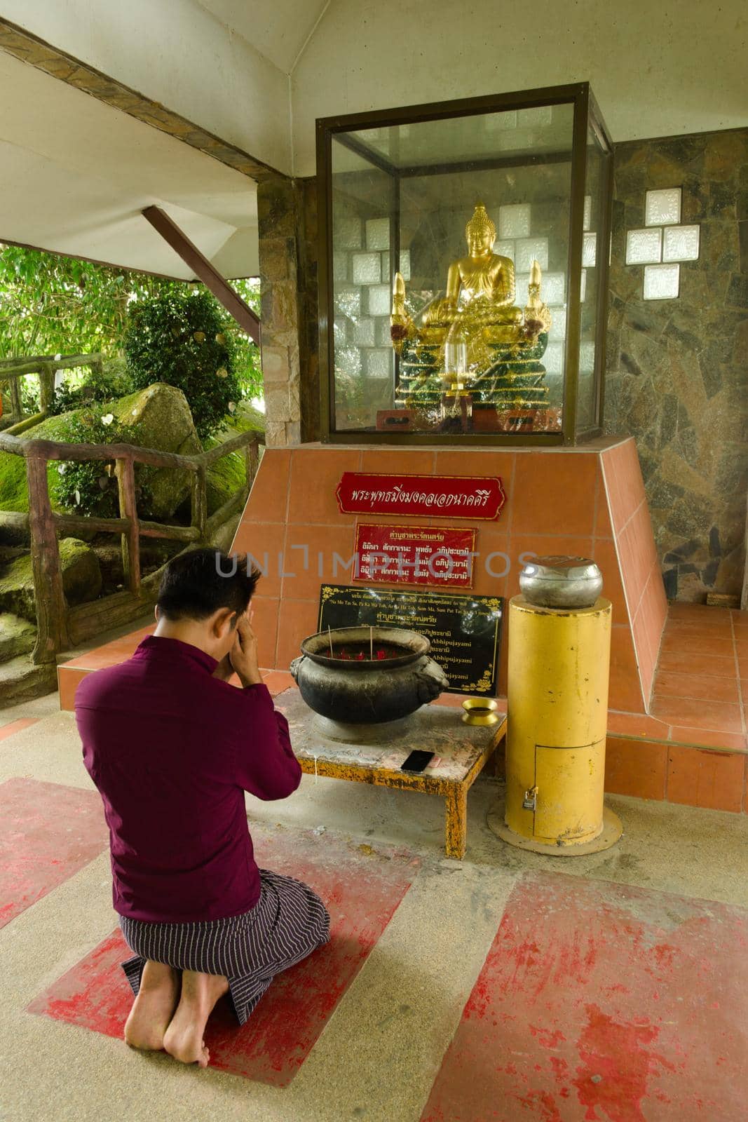 2019-11-06 / Phuket, Thailand - A kneeling, bare-footed man praying to a golden statue of Buddha.