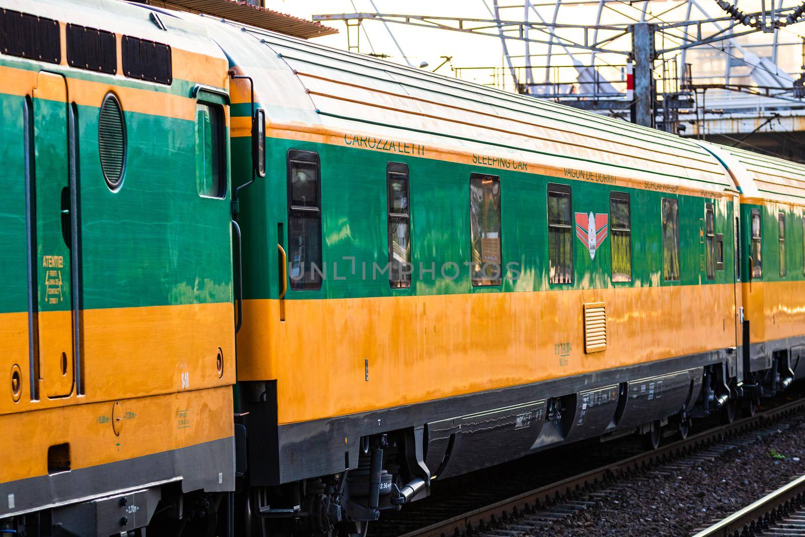 Detail of train in motion at train platform at Bucharest North Railway Station (Gara de Nord Bucharest) in Bucharest, Romania, 2020