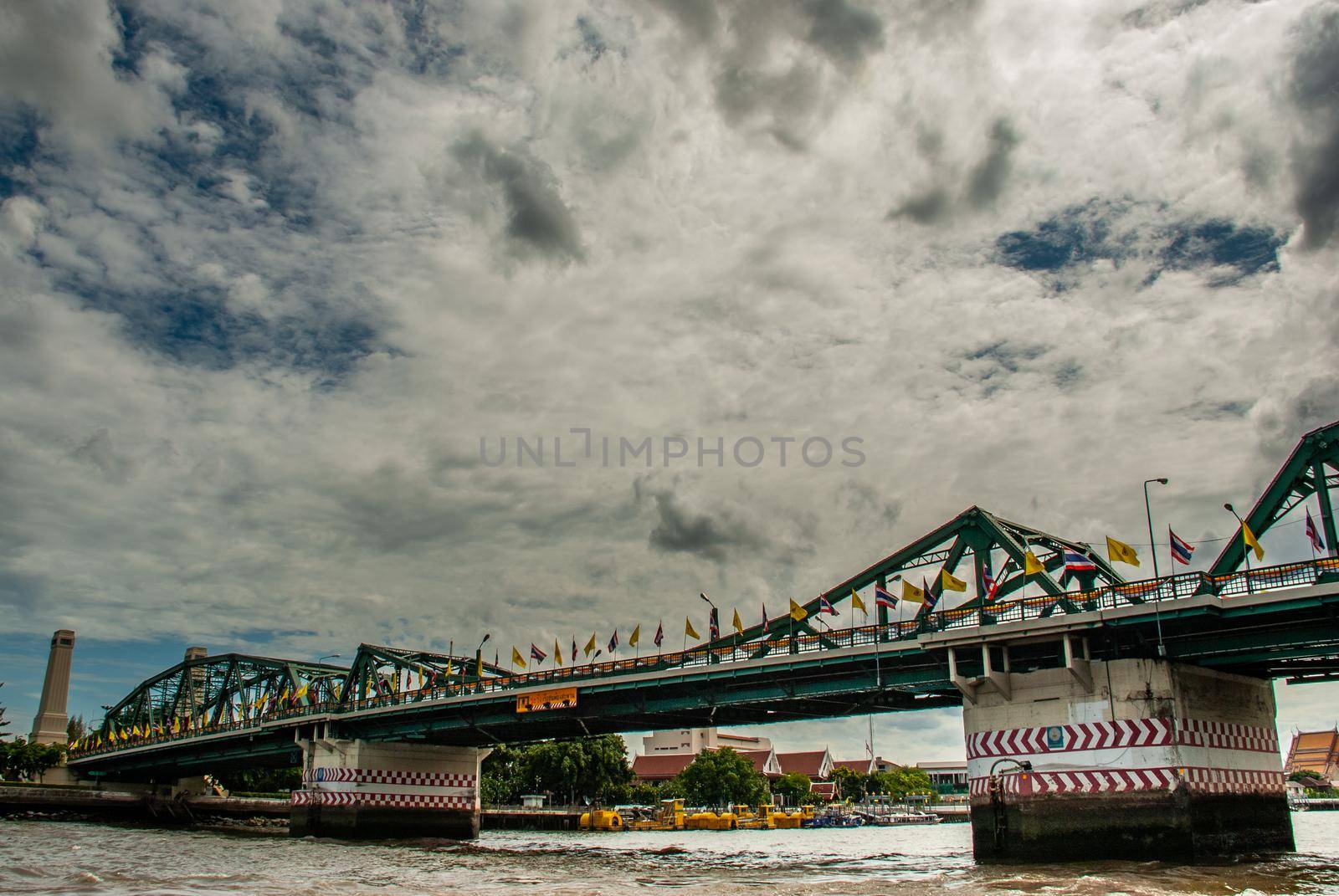 Bangkok, thailand 21 Jul, 2019 : A great scenery morning view of the Phra Phuttha Yodfa Bridge (Memorial Bridge). Vintage Style.