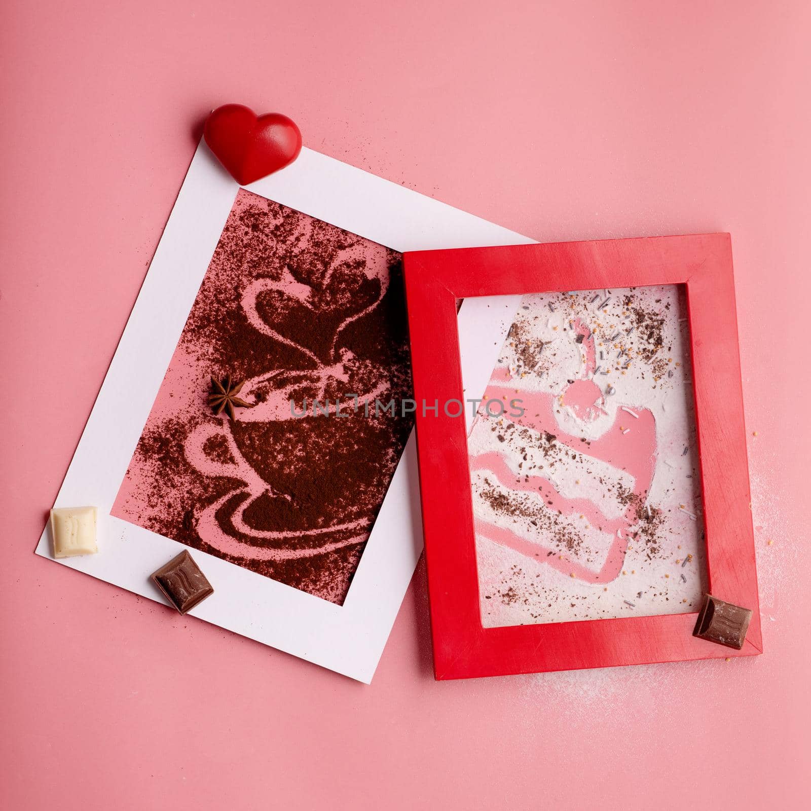 photo frames with heart and coffee silhouette from coffee and powdered sugar on pink background