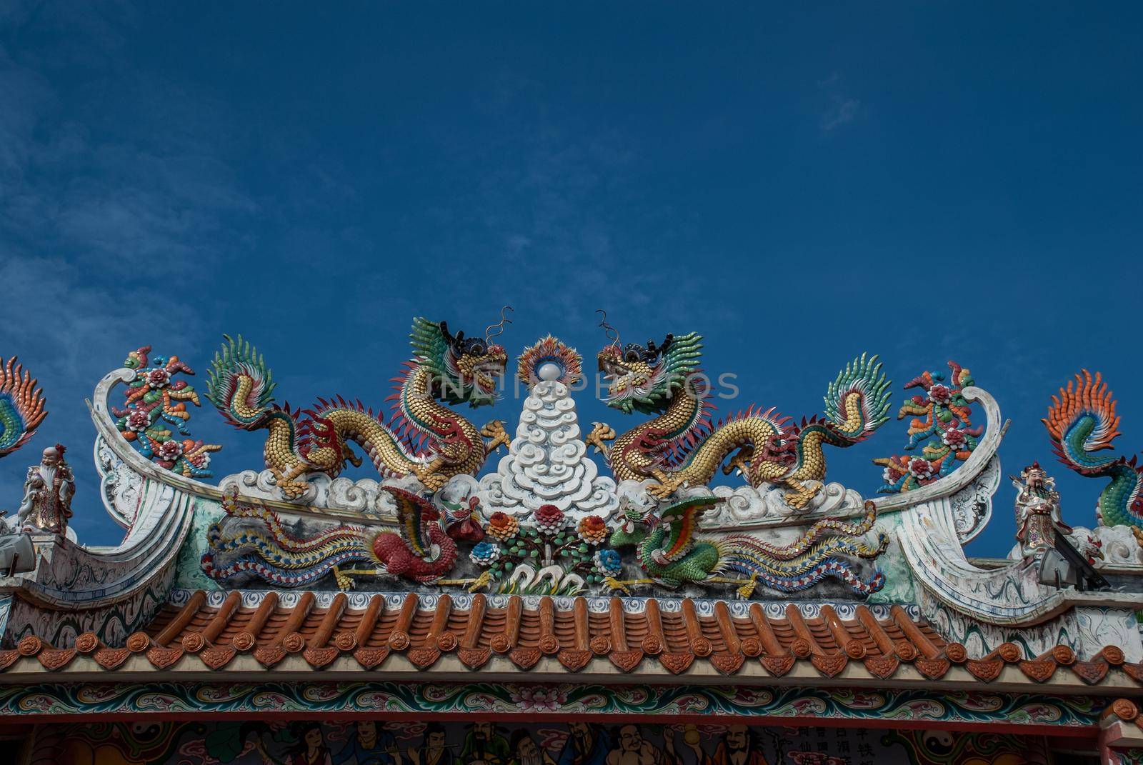 Nonthaburi, Thailand - 21 Jul 2019 : The roof of the beautiful Chinese shrine And has a sky as a backdrop. copy space.