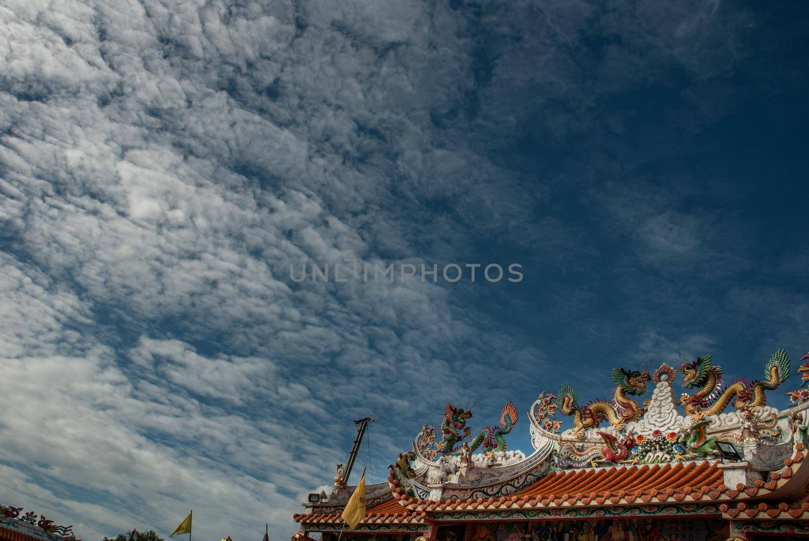 Nonthaburi, Thailand - 21 Jul 2019 : The roof of the beautiful Chinese shrine And has a sky as a backdrop. copy space.