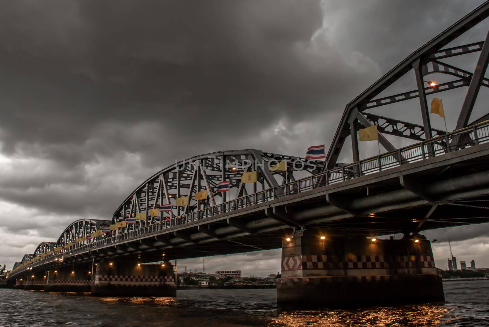 Bangkok, thailand 21 Jul, 2019 : A great scenery evening view of the Phra Phuttha Yodfa Bridge (Memorial Bridge). Vintage Style.