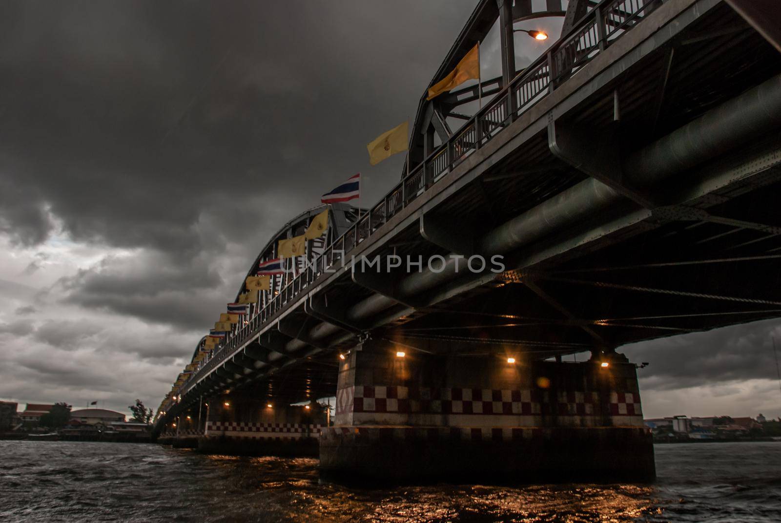 Bangkok, thailand 21 Jul, 2019 : A great scenery evening view of the Phra Phuttha Yodfa Bridge (Memorial Bridge). Vintage Style.