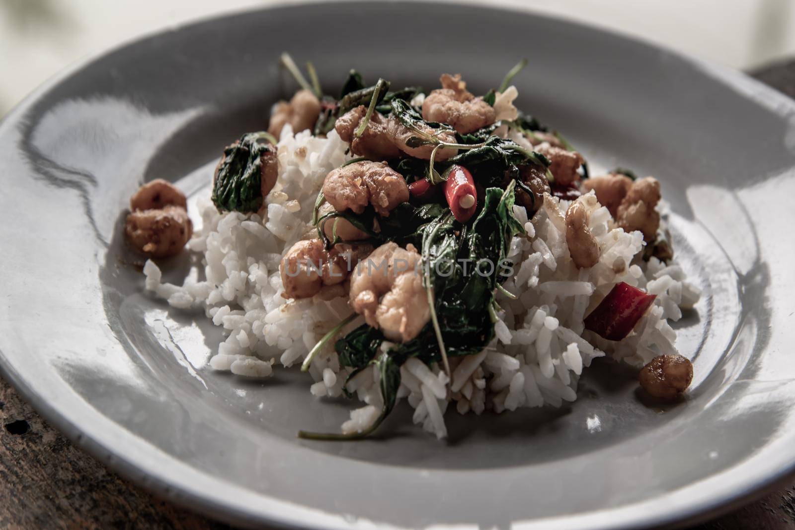 Close-up of Rice topped with Stir fried thai basil with dwarf prawn served in white dish on wooden table, A world renowned delicacy from Thailand, Selective focus.