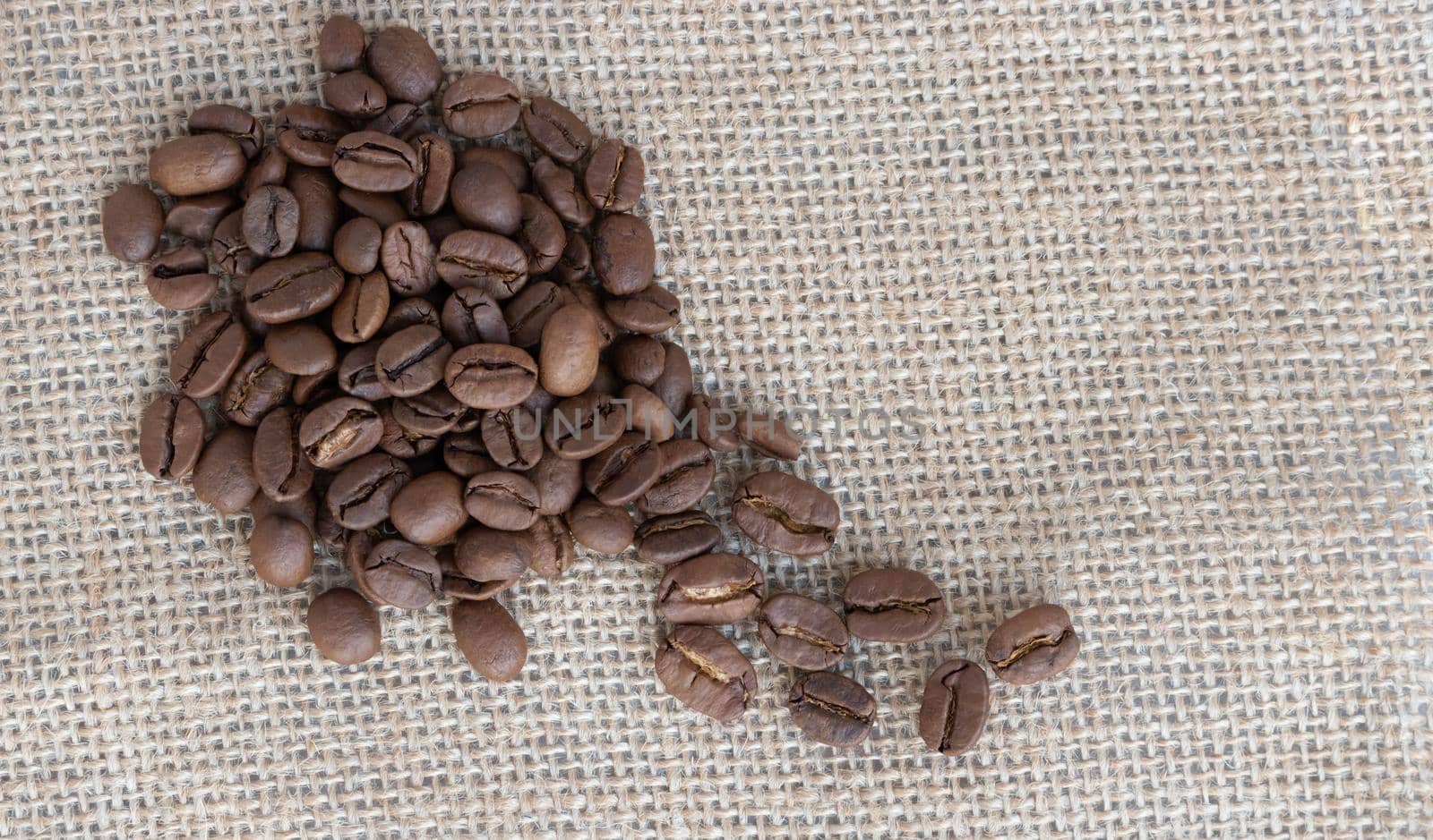 Coffee beans lie against a background of burlap. Space for text.
