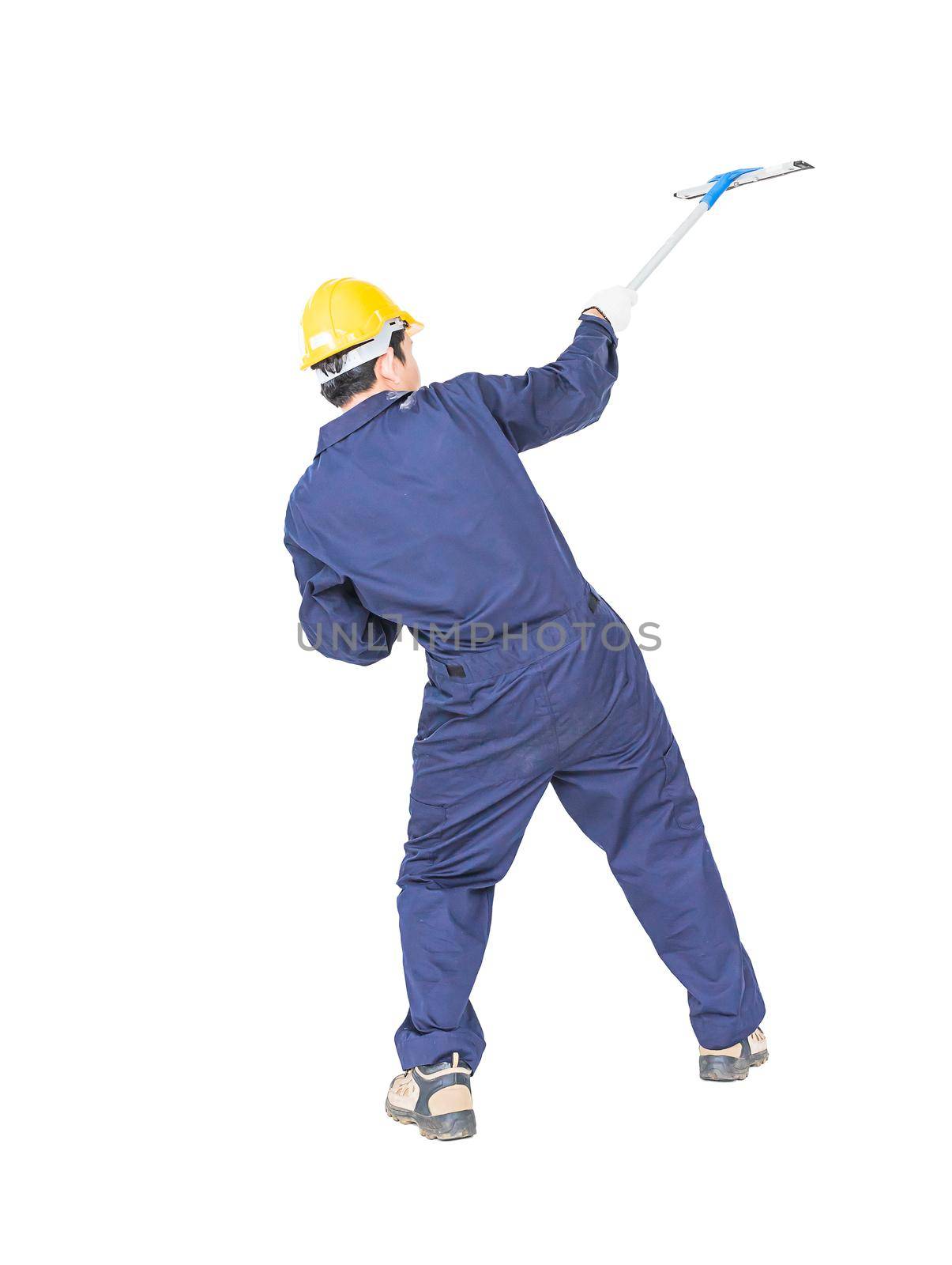 Young man in uniform hold mop for cleaning glass window, Cut out isolated on white background with clipping path