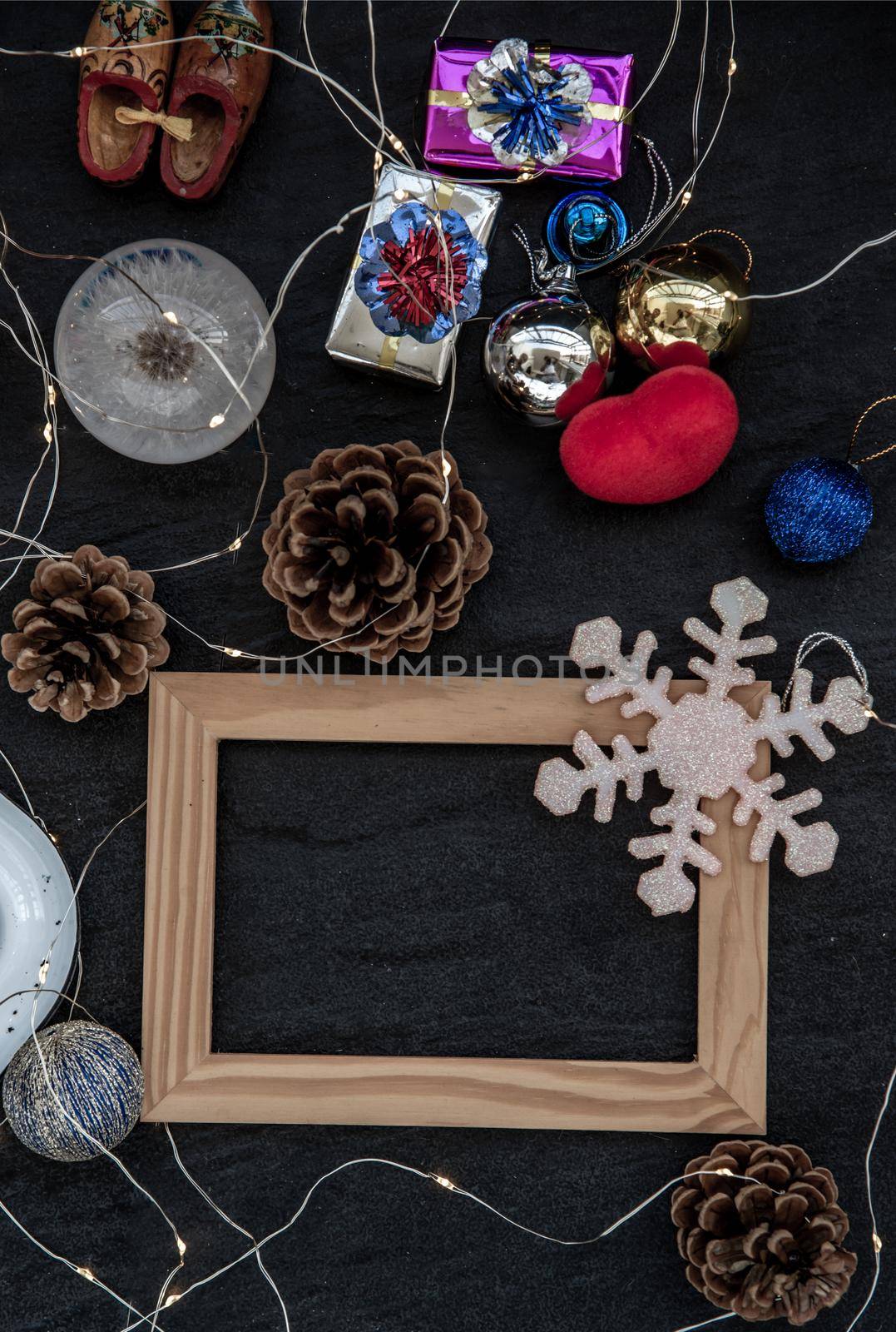 Christmas decoration with Empty wooden frame for work about design element.  Selective focus, Top view, copy space
