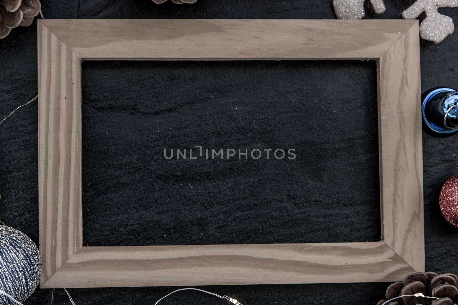 Christmas decoration with Empty wooden frame for work about design element.  Selective focus, To view, copy space