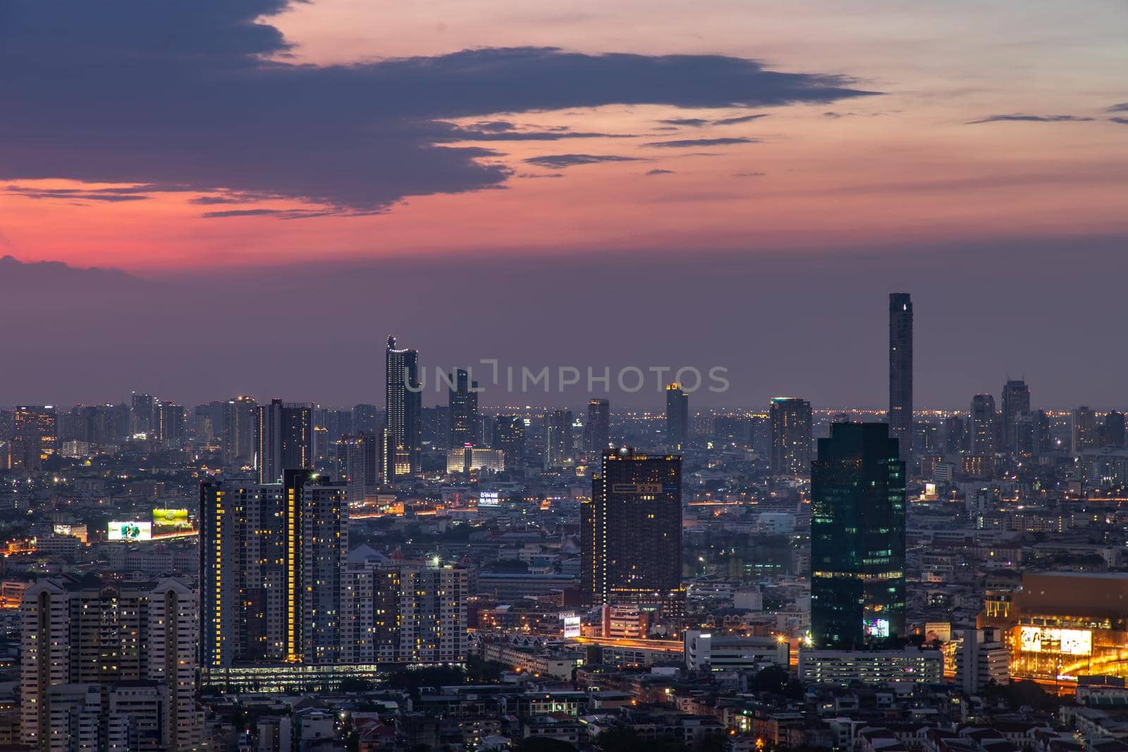 Bangkok, thailand - Mar 06, 2020 : Sky view of Bangkok with skyscrapers in the business district in Bangkok in the evening beautiful twilight give the city a modern style. Selective focus.