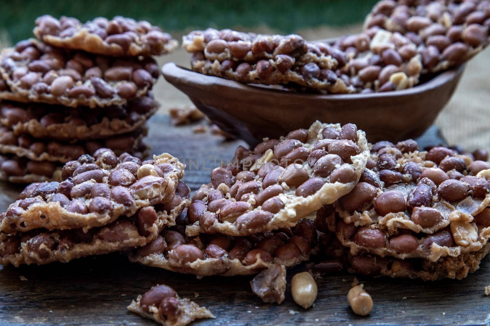 Traditional Thai Snack : Peanut crackers made from nuts and flour to fry, Deep Fried Bean cookies peanut, Oblique view from the top,