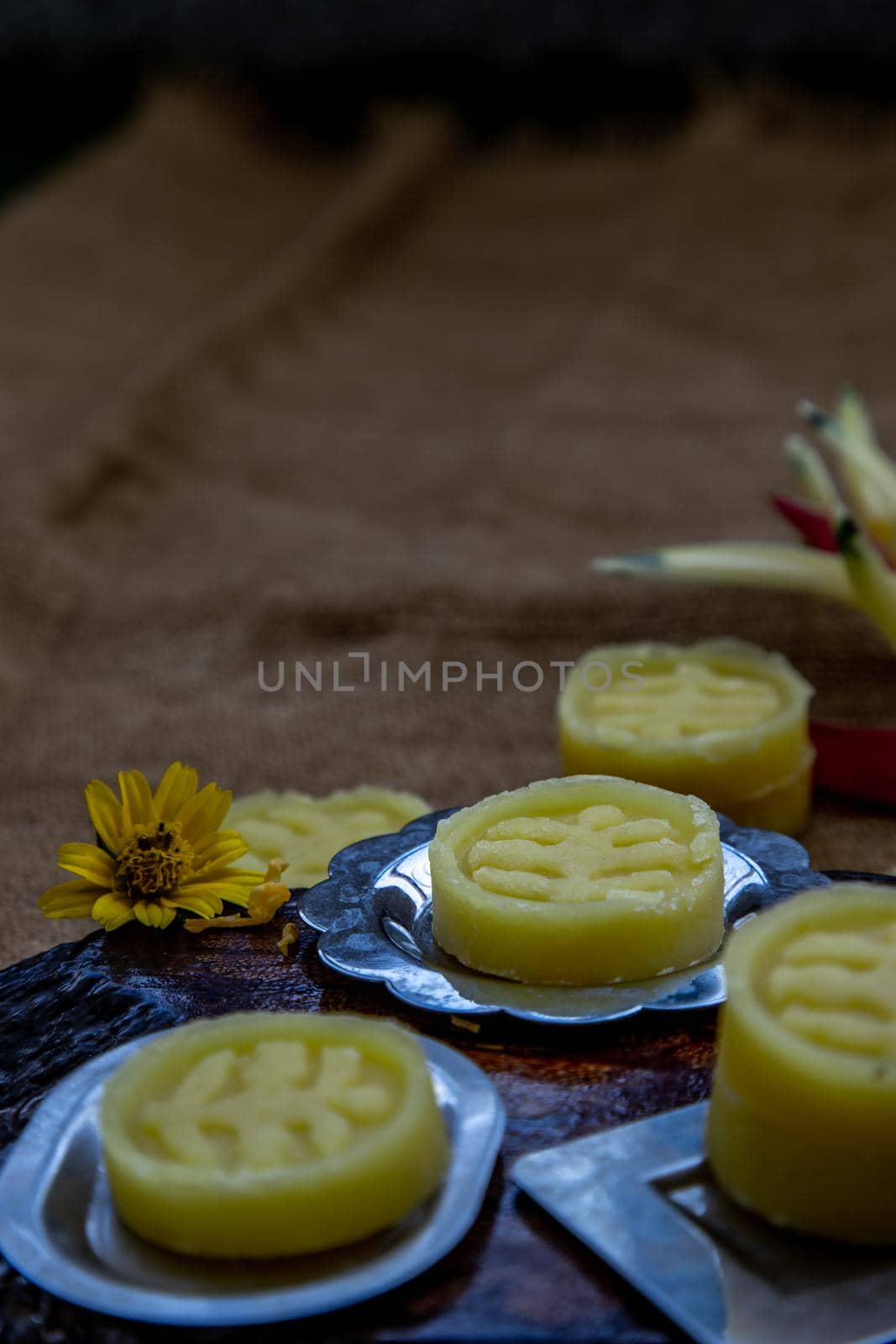 A dish of Delicious Thai Traditional Dessert called Thua Kwan (Mung Bean Cookies), Oblique view from the top, copy space.
