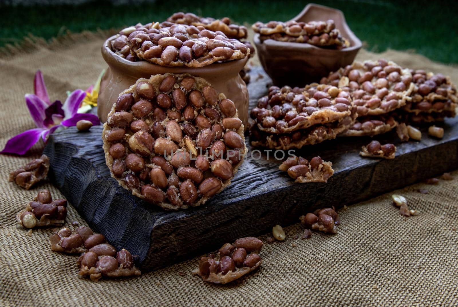 Traditional Thai Snack : Peanut crackers made from nuts and flour to fry, Deep Fried Bean cookies peanut, Oblique view from the top,