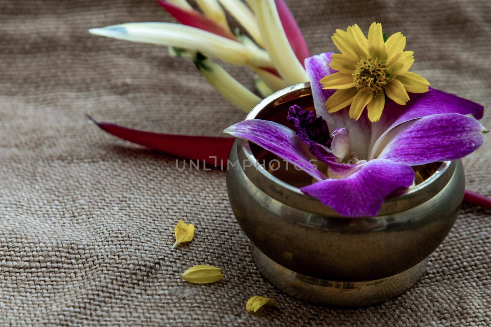 Flowers in brass cups in corner on burlap fabric background, in the upper right corner of the background ready for your text or message, copy space.