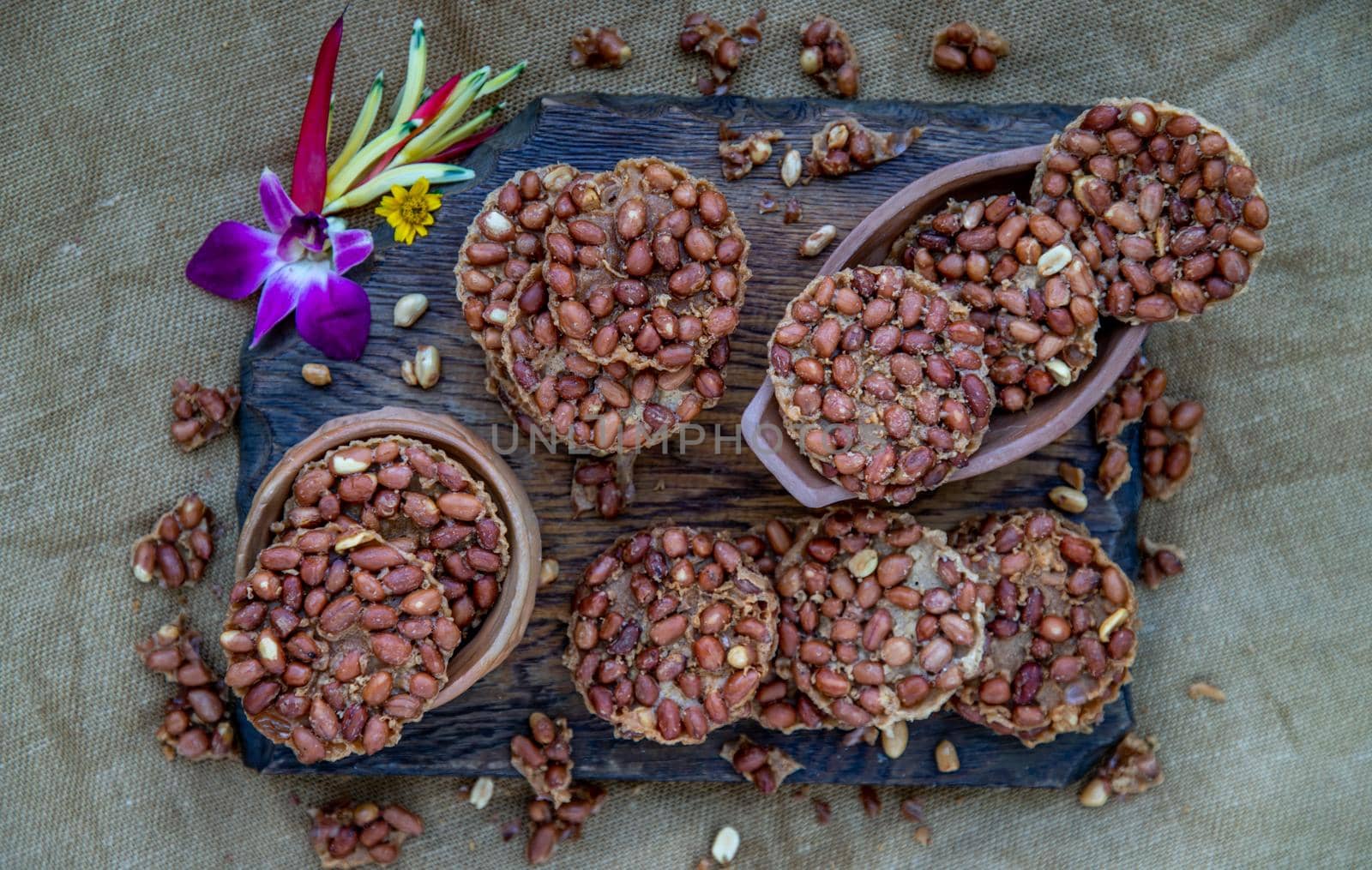 Traditional Thai Snack : Peanut crackers made from nuts and flour to fry, Deep Fried Bean cookies peanut, Top view.
