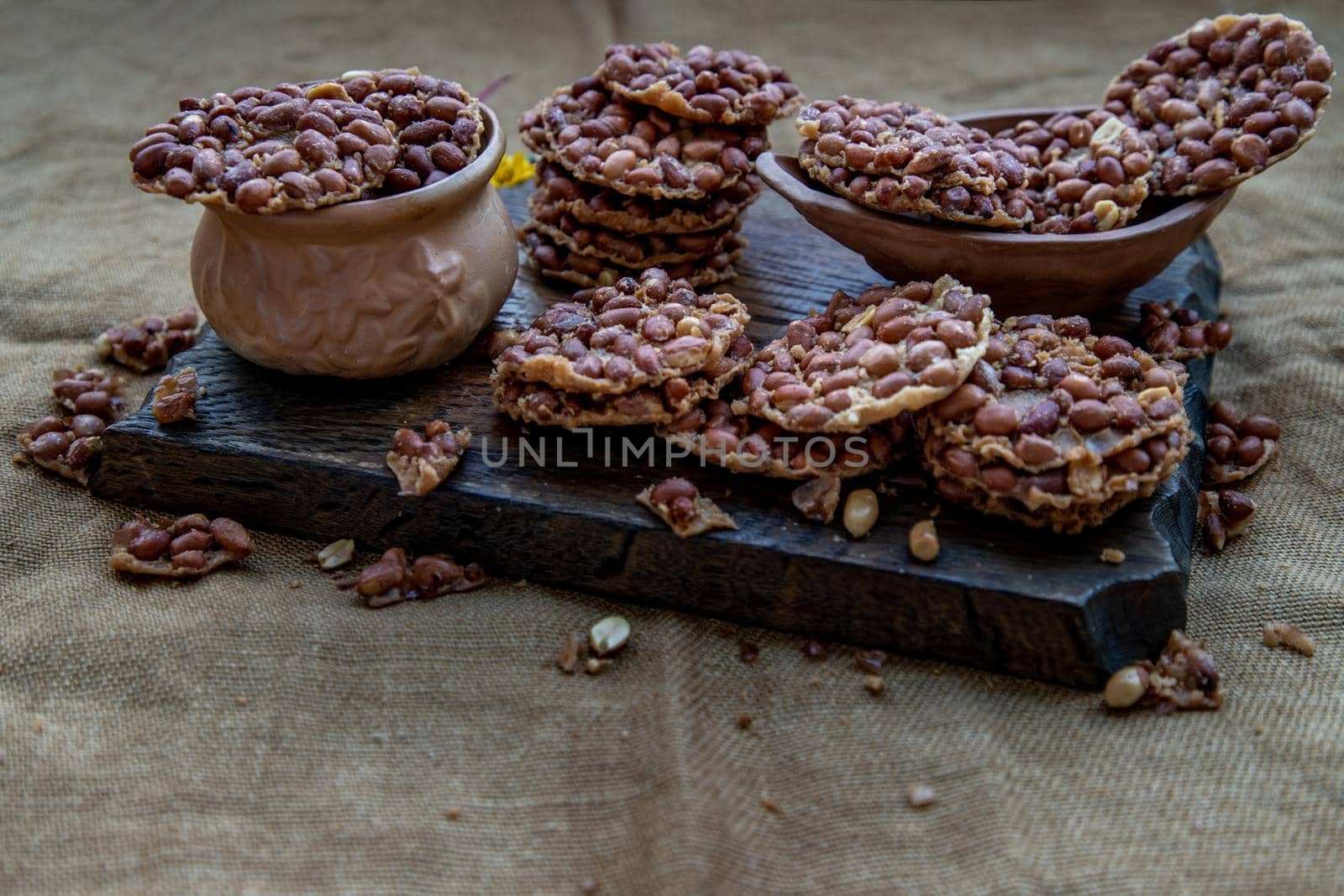 Traditional Thai Snack : Peanut crackers made from nuts and flour to fry, Deep Fried Bean cookies peanut, Oblique view from the top,