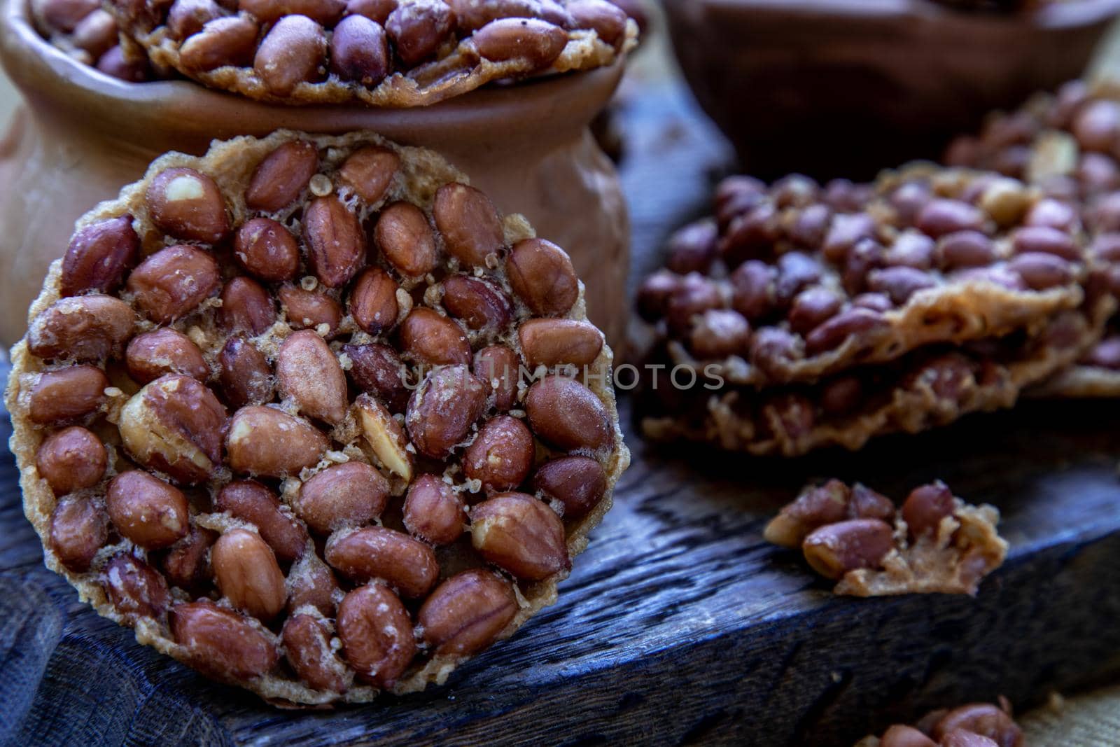 Traditional Thai Snack : Close-up of Peanut crackers made from nuts and flour to fry, Deep Fried Bean cookies peanut.