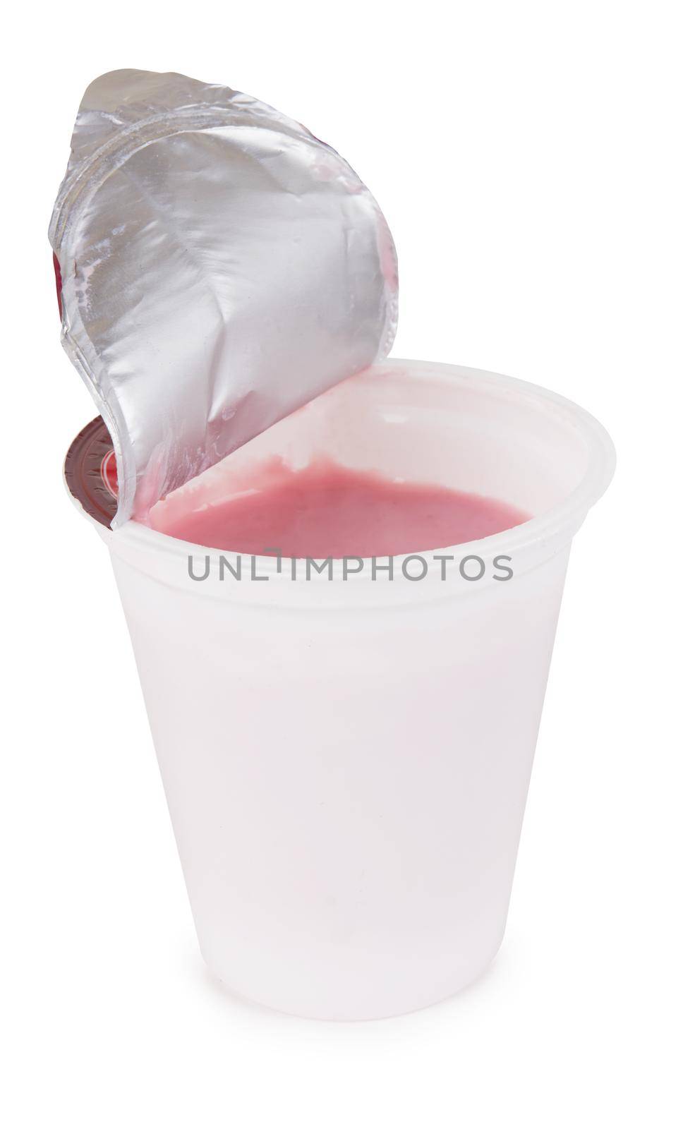 Plastic cup with yoghurt isolated on white background