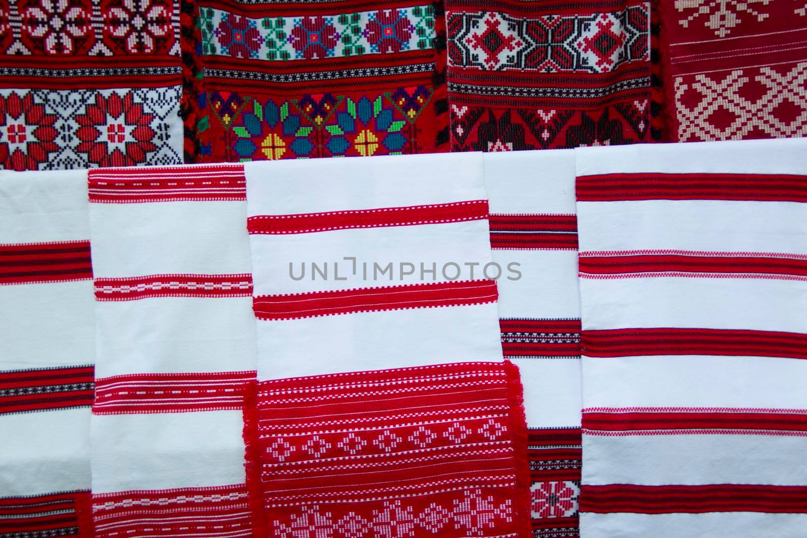 Embroidered Belorussian towels. Embroidery. National pattern.Slavic ornament on fabrics and towels
