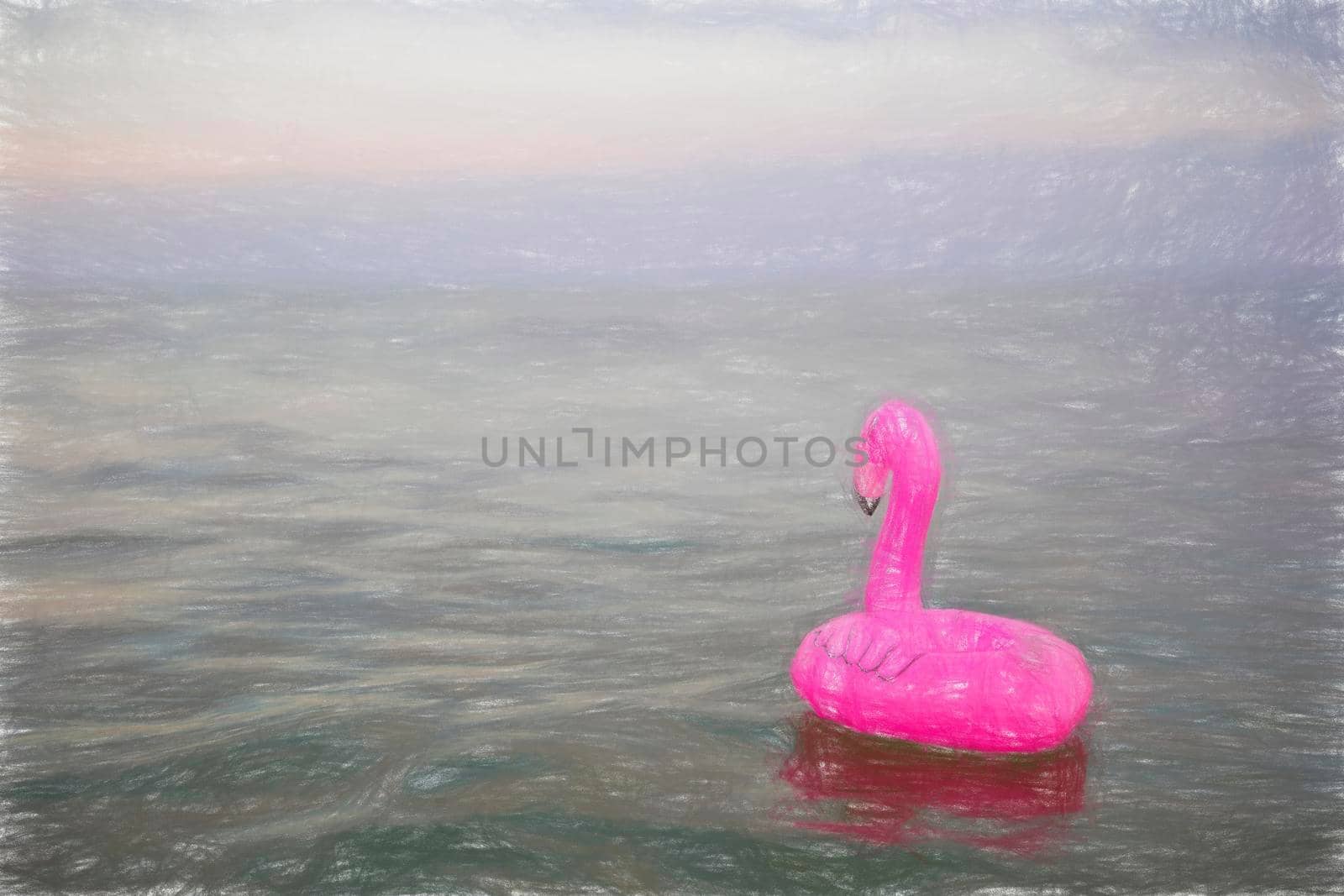 Pink flamingo inflatable on the background of the sea