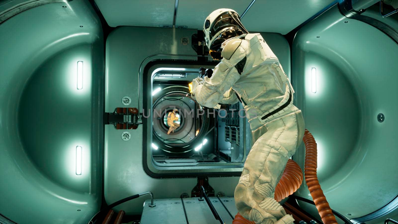 The astronauts had a fight and made a battlefield in outer space. 3D Rendering. by designprojects