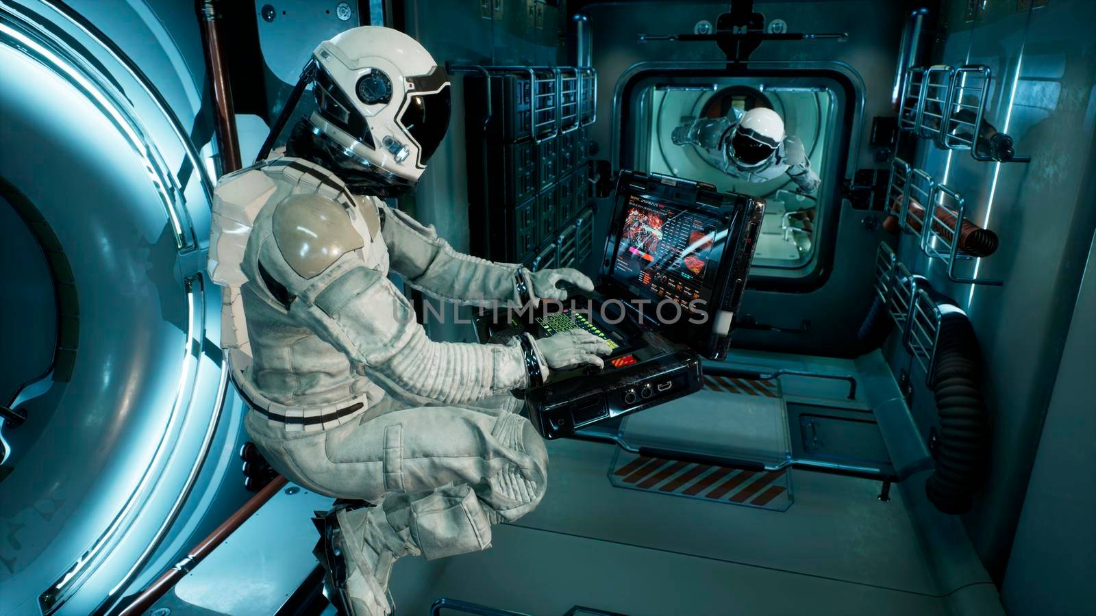 An astronaut in a spaceship is watching through a porthole for an alien, unexplored planet. 3D Rendering. by designprojects