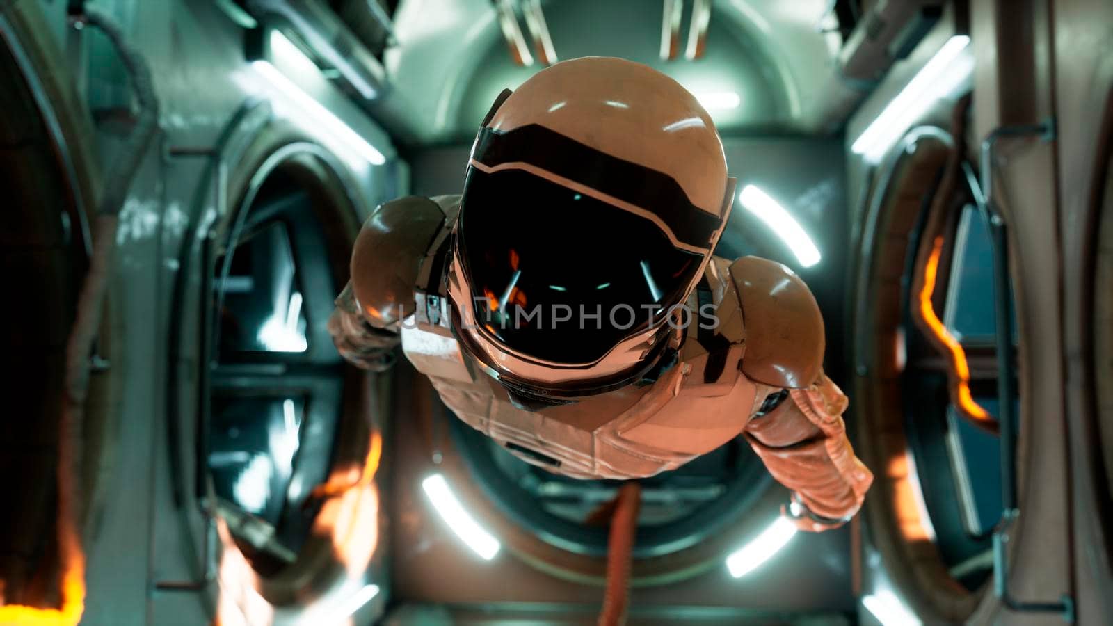 Somewhere in distant space, an astronaut hovers inside his spaceship. 3D Rendering. by designprojects