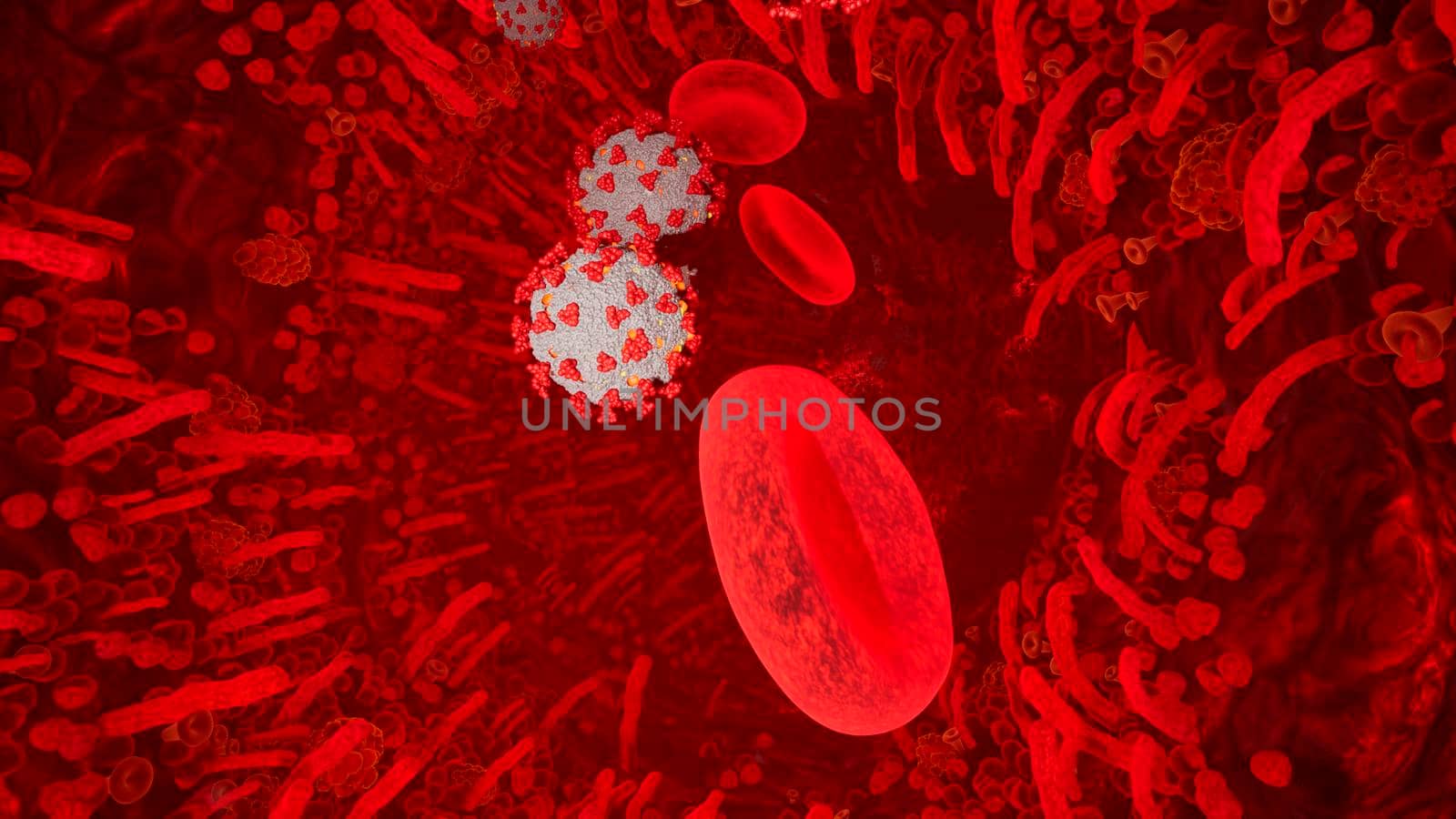 Flying through a blood vessel in an organism infected with the Covid-19 coronavirus. An organism infected with the 2019-ncov virus. Coronavirus and blood cells inside the body.