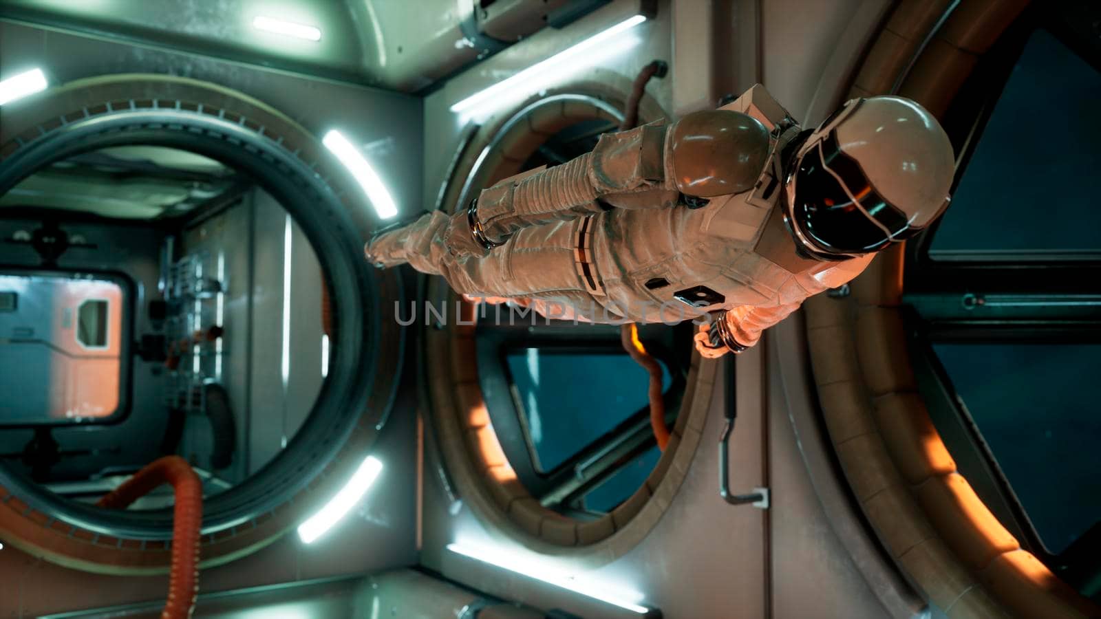 An astronaut in zero gravity checks the module of his spaceship. View of the spacecraft with an astronaut.