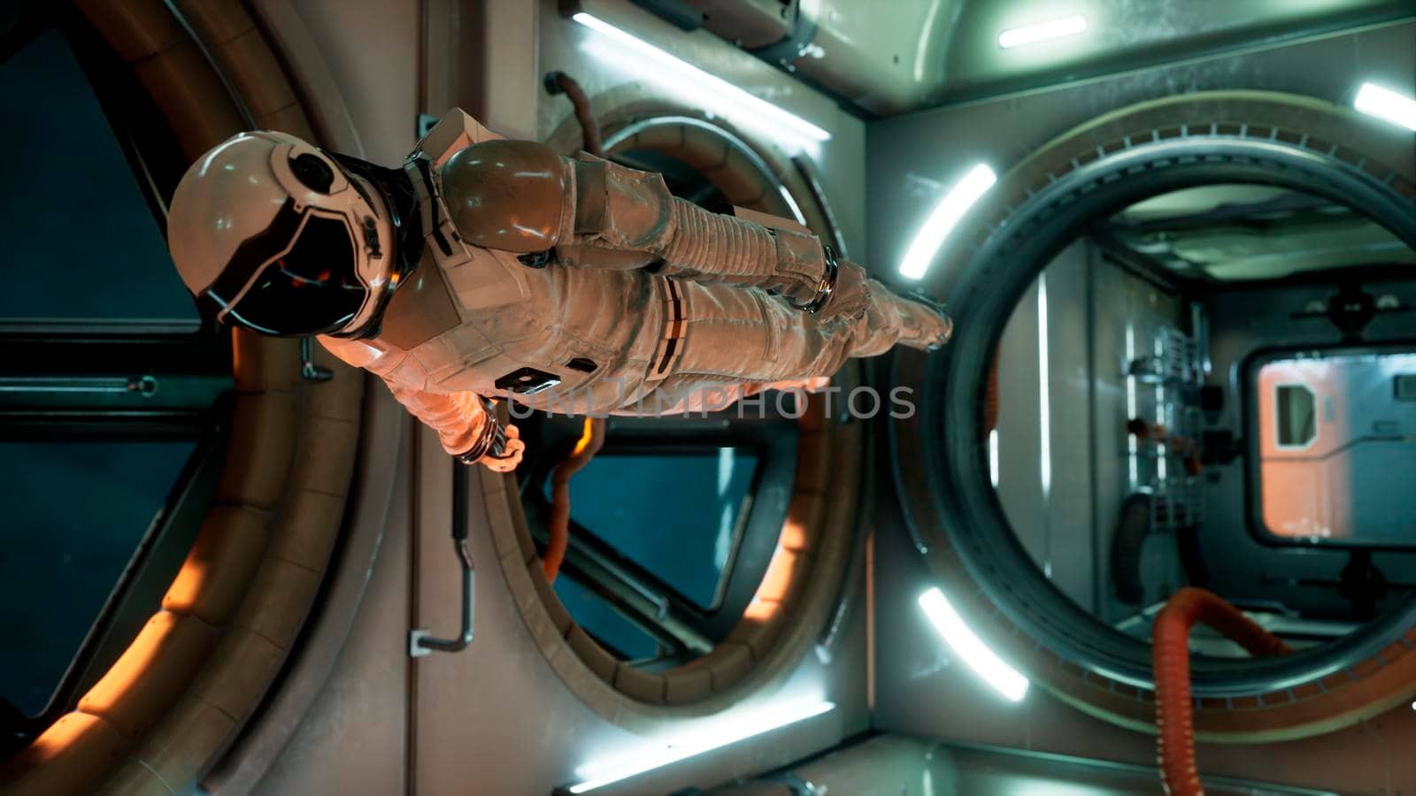 An astronaut in zero gravity checks the module of his spaceship. 3D Rendering. by designprojects